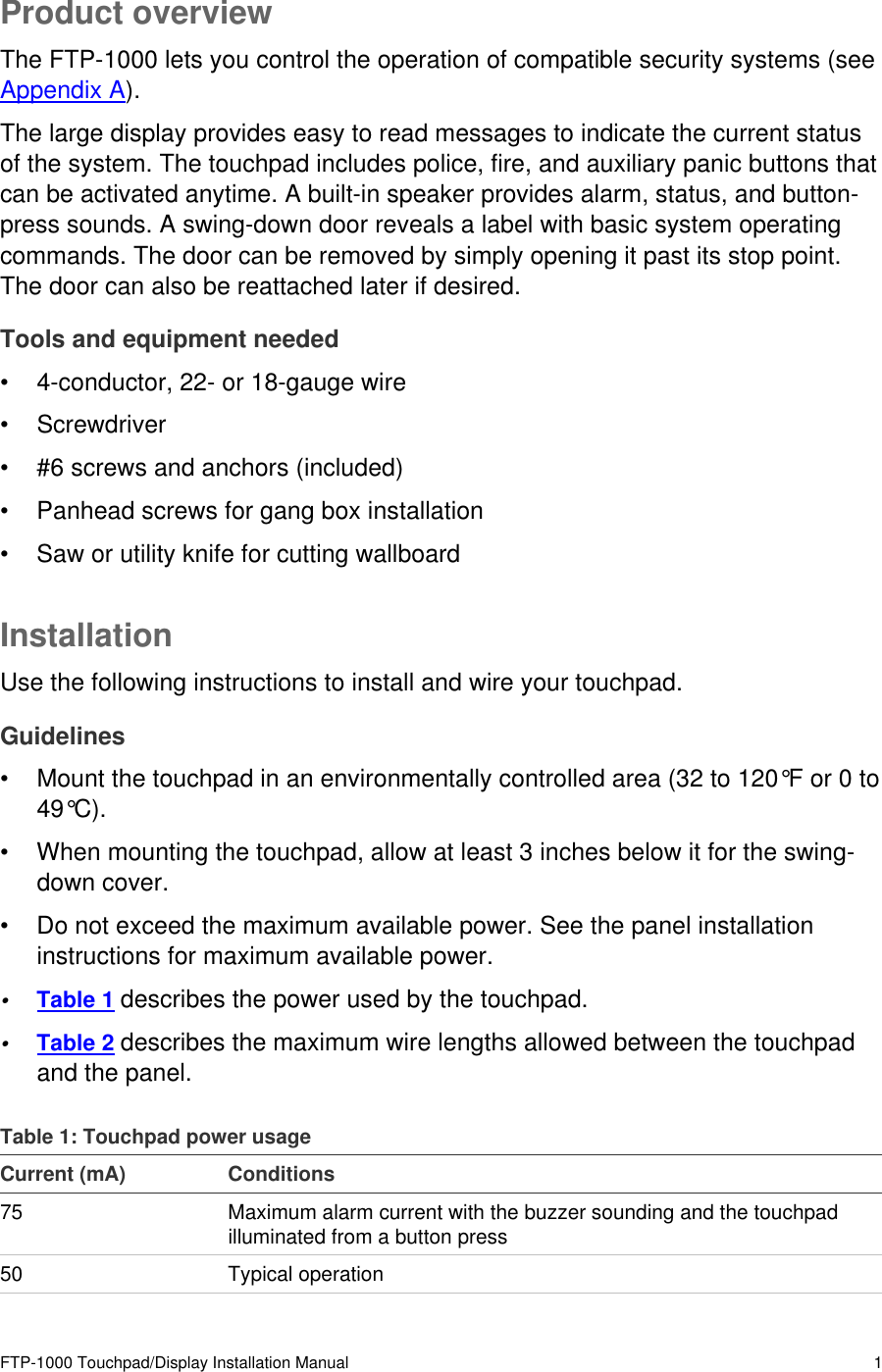 Page 3 of 11 - FTP-1000 Touchpad/Display Installation Manual  Touchpad-Display Install 466-2231 REV B