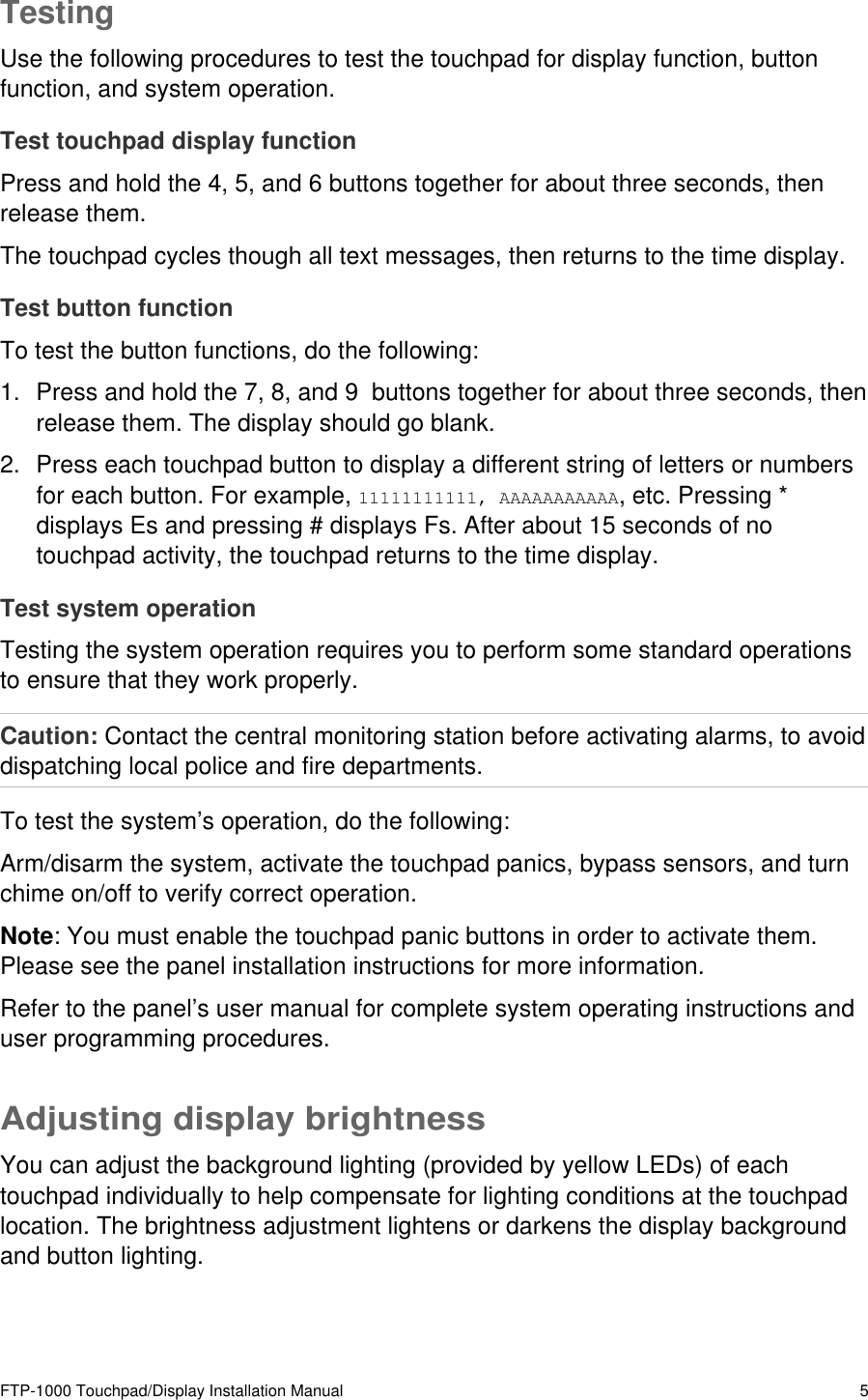 Page 7 of 11 - FTP-1000 Touchpad/Display Installation Manual  Touchpad-Display Install 466-2231 REV B