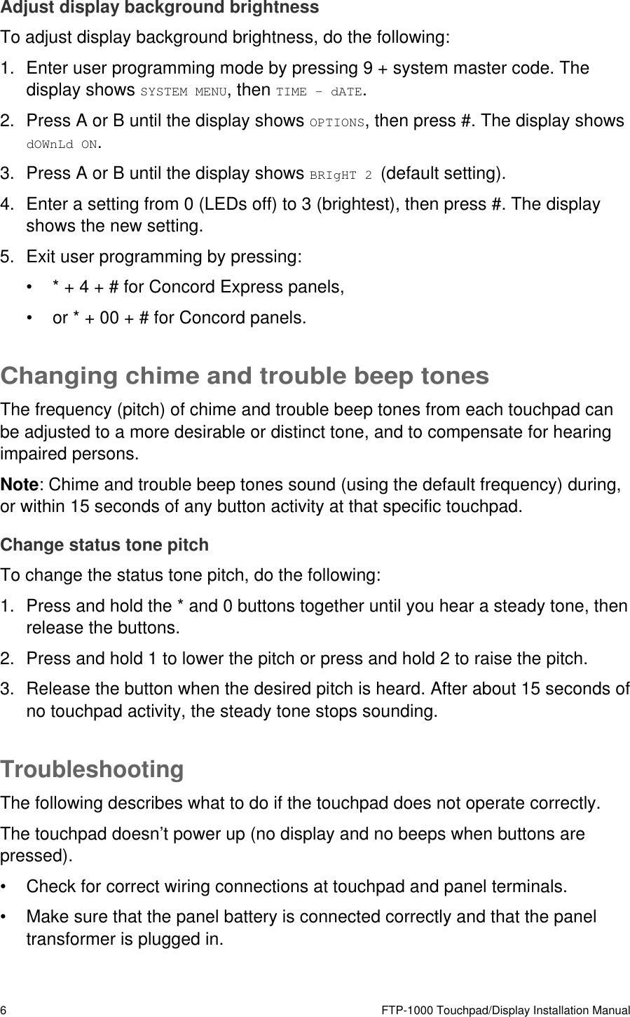 Page 8 of 11 - FTP-1000 Touchpad/Display Installation Manual  Touchpad-Display Install 466-2231 REV B