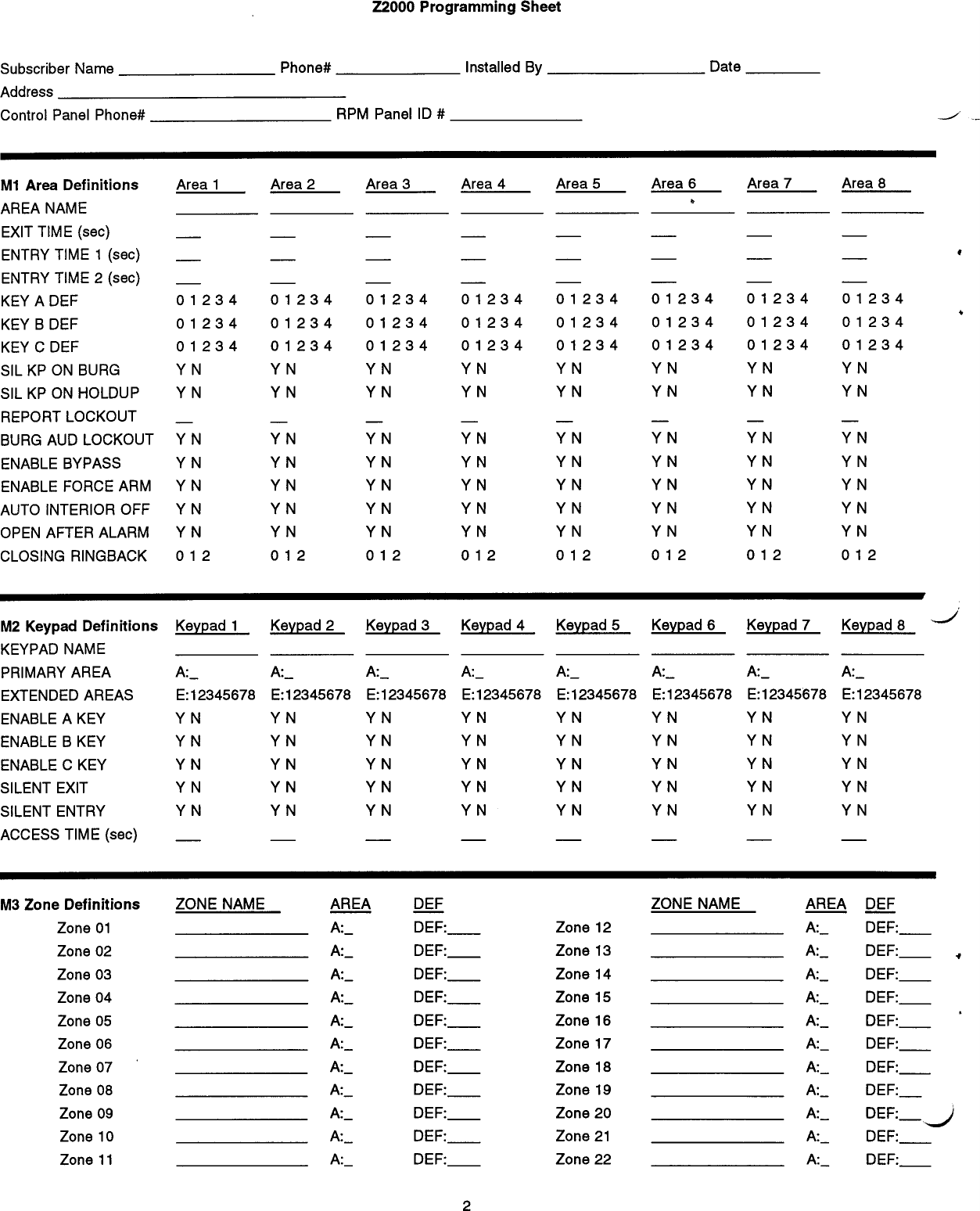 Page 2 of 7 - Moose Z2000  Programming Record Booklet