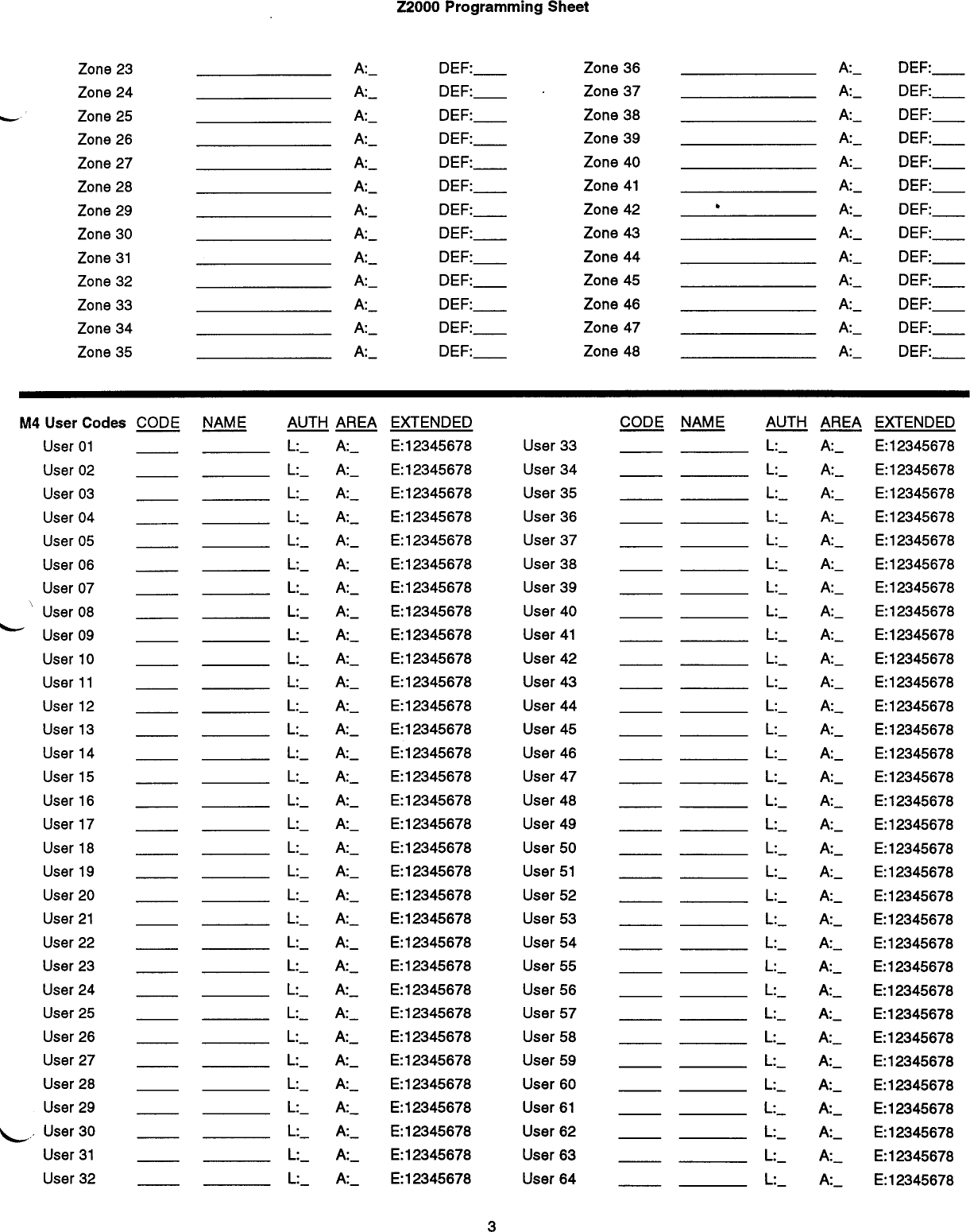 Page 3 of 7 - Moose Z2000  Programming Record Booklet