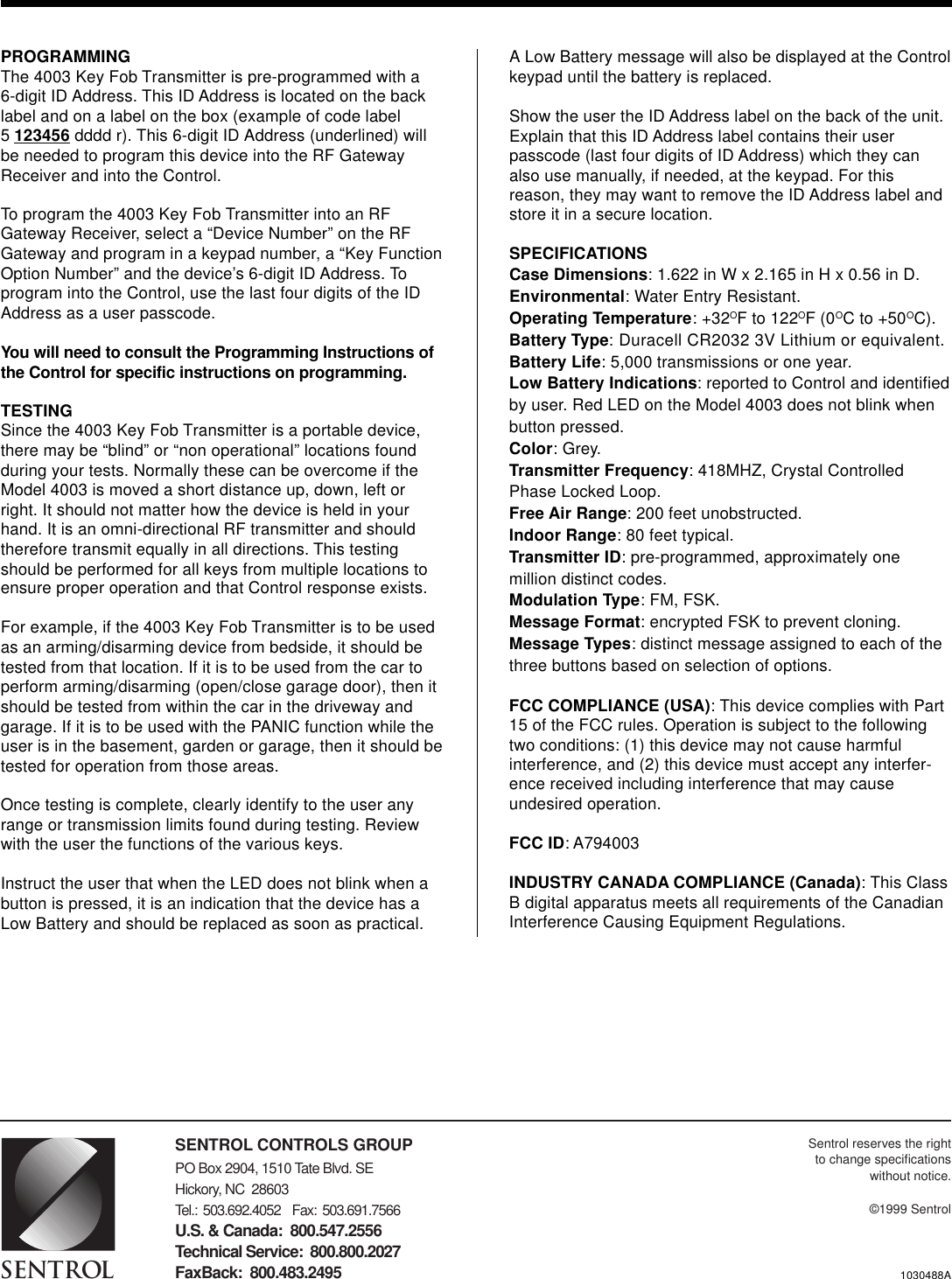 Page 2 of 2 - 4003 Instr-1030488A Sentrol Install Instructions 1999