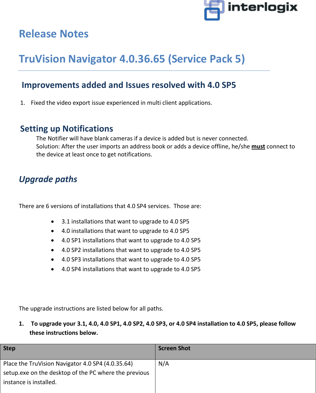 Page 1 of 5 - Tru Vision Navigator 4.0 SP5 Release Notes