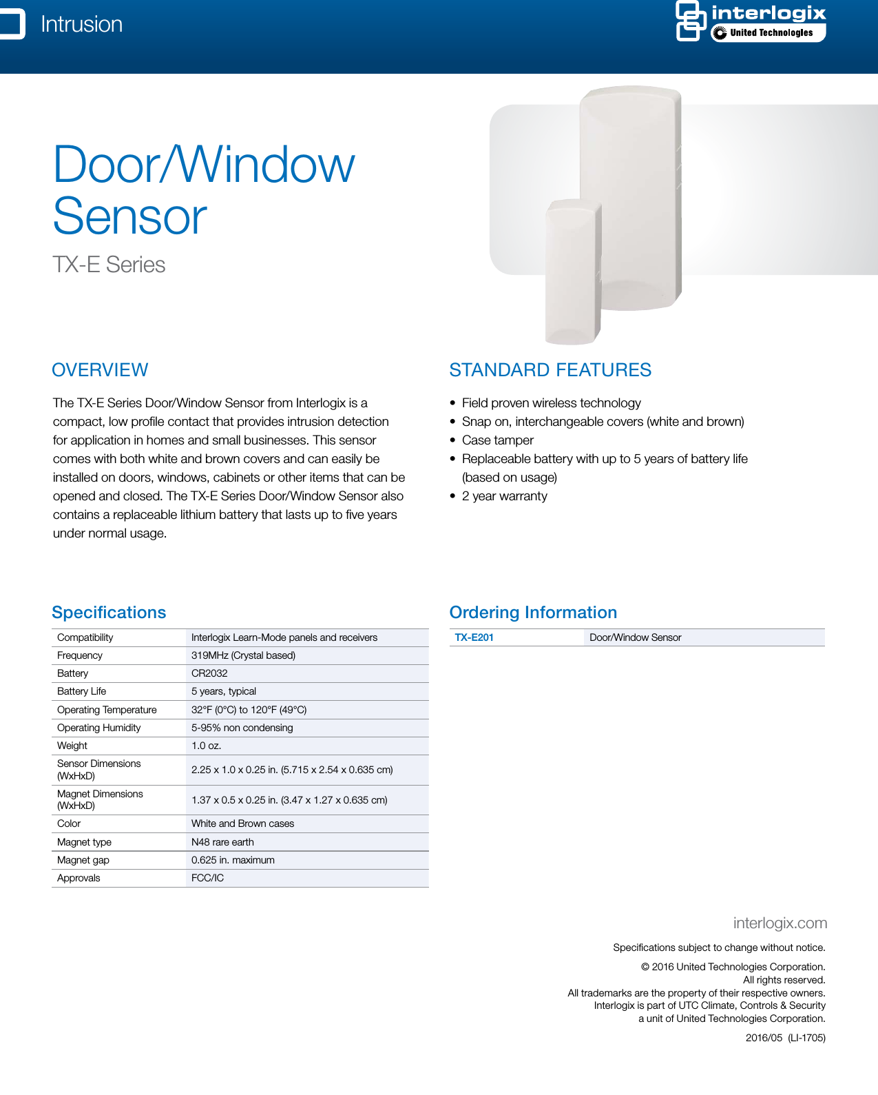 Page 1 of 1 - InterLogix Tx-E201-Door-Window-Sensor-Datasheet-Web Data Sheet -- M5 Enclosure For Picture Perfect & Secure User Manual