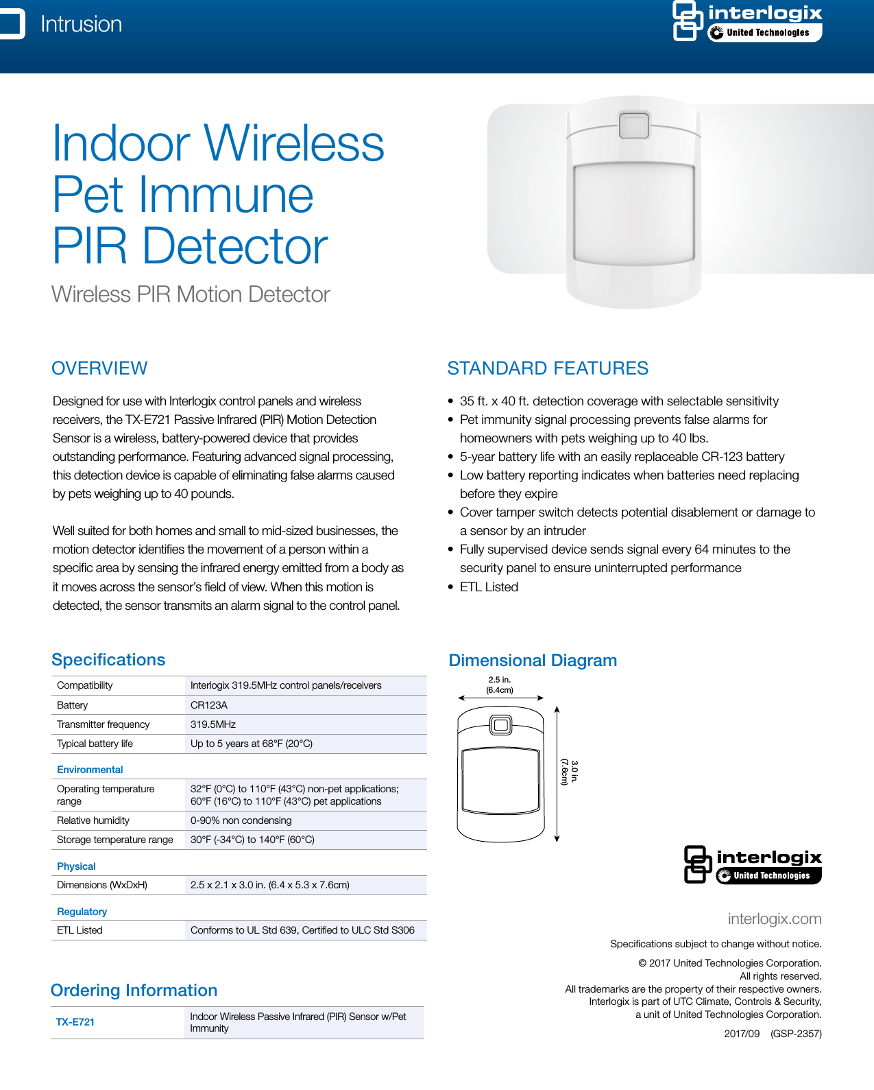 Page 1 of 1 - InterLogix Tx-E721-Wireless-Pir-Motion-Detector-Datasheet-Web Data Sheet -- M5 Enclosure For Picture Perfect & Secure User Manual