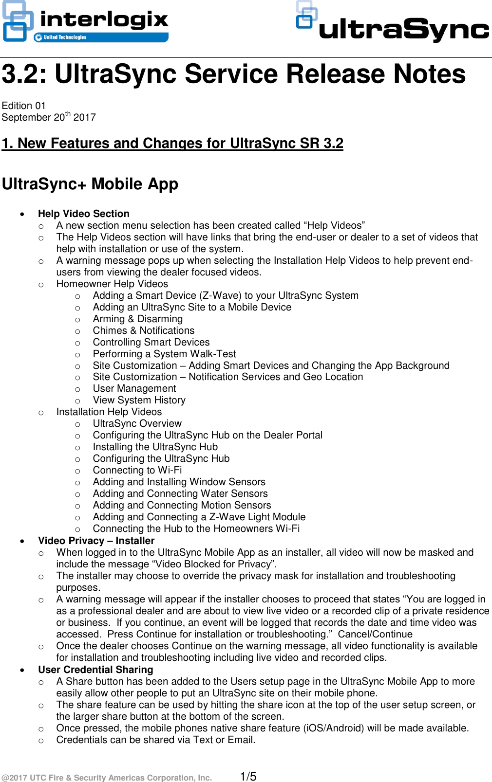 Page 1 of 5 - InterLogix Ultrasync-3.2-Service-Release-Notes UltraSec Release Note User Manual