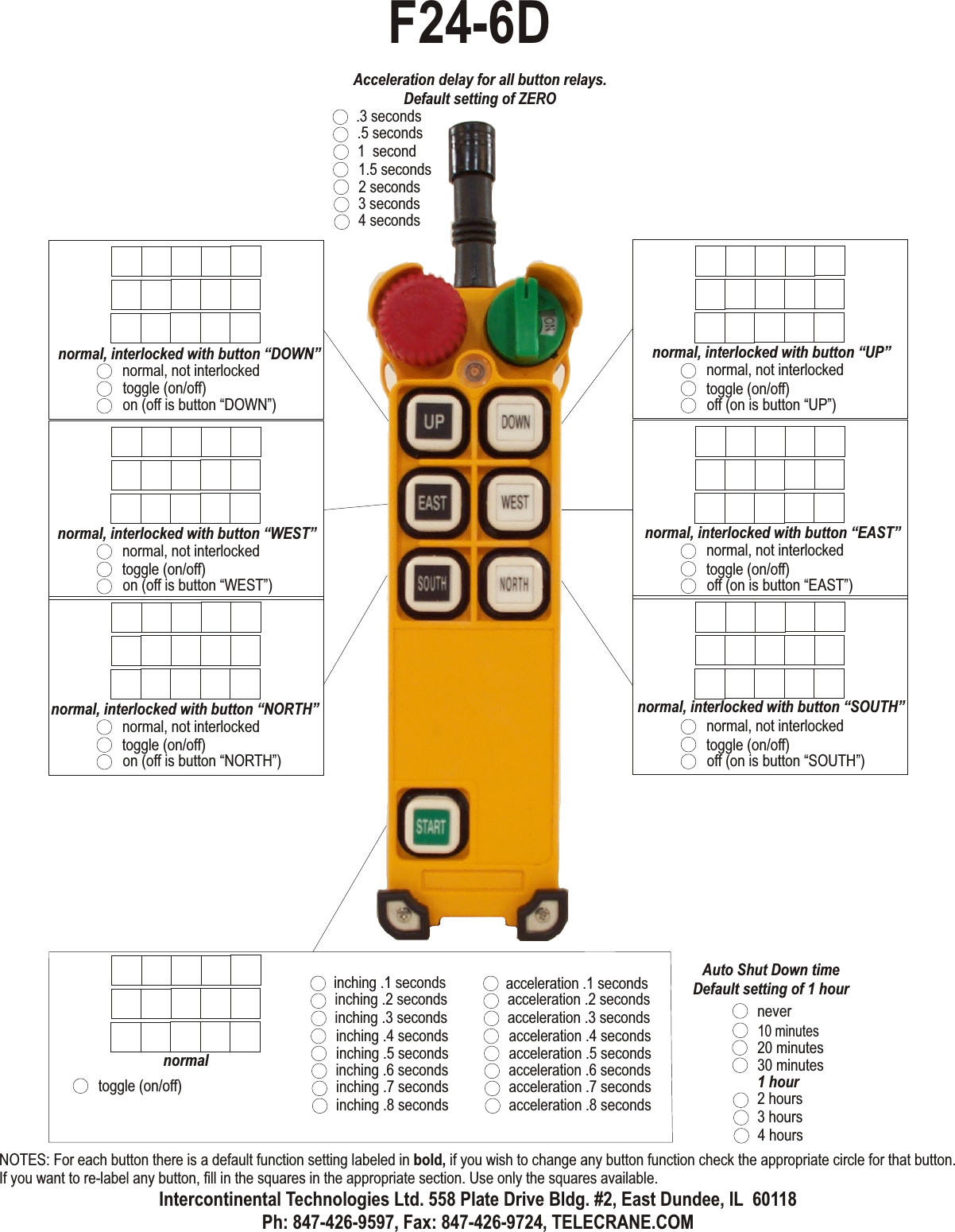 normal, not interlockedtoggle (on/off)off (on is button “UP”)normal, interlocked with button “UP”normal, not interlockedtoggle (on/off)off (on is button “EAST”)normal, interlocked with button “EAST”normal, not interlockedtoggle (on/off)off (on is button “SOUTH”)normal, interlocked with button “SOUTH”normal, not interlockedtoggle (on/off)on (off is button “DOWN”)normal, interlocked with button “DOWN”normal, not interlockedtoggle (on/off)on (off is button “WEST”)normal, interlocked with button “WEST”normal, not interlockedtoggle (on/off)on (off is button “NORTH”)normal, interlocked with button “NORTH”normaltoggle (on/off)inching .4 secondsinching .5 secondsinching .6 secondsinching .1 secondsinching .7 secondsinching .2 secondsinching .8 secondsinching .3 secondsacceleration .4 secondsacceleration .5 secondsacceleration .6 secondsacceleration .1 secondsacceleration .7 secondsacceleration .2 secondsacceleration .8 secondsacceleration .3 secondsAcceleration delay for all button relays.Default setting of ZERO10 minutes20 minutes30 minutes1 hour2 hours3 hours4 hoursAuto Shut Down timeDefault setting of 1 hournever1.5 seconds2 seconds3 seconds.3 seconds4 seconds.5 seconds1  secondF24-6DNOTES: For each button there is a default function setting labeled in bold, if you wish to change any button function check the appropriate circle for that button. If you want to re-label any button, fill in the squares in the appropriate section. Use only the squares available.Intercontinental Technologies Ltd. 558 Plate Drive Bldg. #2, East Dundee, IL  60118Ph: 847-426-9597, Fax: 847-426-9724, TELECRANE.COM