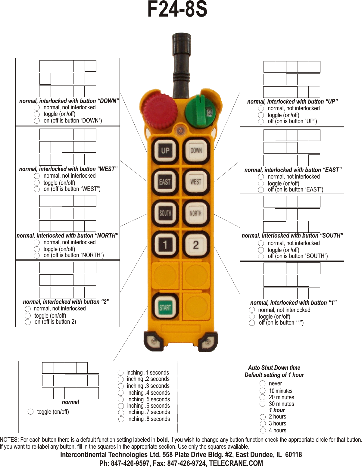 normal, not interlockedtoggle (on/off)off (on is button “UP”)normal, interlocked with button “UP”normal, not interlockedtoggle (on/off)off (on is button “EAST”)normal, interlocked with button “EAST”normal, not interlockedtoggle (on/off)off (on is button “SOUTH”)normal, interlocked with button “SOUTH”normal, not interlockedtoggle (on/off)off (on is button “1”)normal, interlocked with button “1”normal, not interlockedtoggle (on/off)on (off is button “DOWN”)normal, interlocked with button “DOWN”normal, not interlockedtoggle (on/off)on (off is button “WEST”)normal, interlocked with button “WEST”normal, not interlockedtoggle (on/off)on (off is button “NORTH”)normal, interlocked with button “NORTH”normal, not interlockedtoggle (on/off)on (off is button 2)normal, interlocked with button “2”normaltoggle (on/off)inching .4 secondsinching .5 secondsinching .6 secondsinching .1 secondsinching .7 secondsinching .2 secondsinching .8 secondsinching .3 seconds10 minutes20 minutes30 minutes1 hour2 hours3 hours4 hoursAuto Shut Down timeDefault setting of 1 hourneverF24-8SNOTES: For each button there is a default function setting labeled in bold, if you wish to change any button function check the appropriate circle for that button. If you want to re-label any button, fill in the squares in the appropriate section. Use only the squares available.Intercontinental Technologies Ltd. 558 Plate Drive Bldg. #2, East Dundee, IL  60118Ph: 847-426-9597, Fax: 847-426-9724, TELECRANE.COM