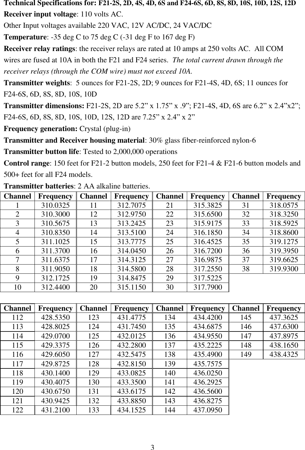 3 Technical Specifications for: F21-2S, 2D, 4S, 4D, 6S and F24-6S, 6D, 8S, 8D, 10S, 10D, 12S, 12D Receiver input voltage: 110 volts AC.   Other Input voltages available 220 VAC, 12V AC/DC, 24 VAC/DC Temperature: -35 deg C to 75 deg C (-31 deg F to 167 deg F) Receiver relay ratings: the receiver relays are rated at 10 amps at 250 volts AC.  All COM wires are fused at 10A in both the F21 and F24 series.  The total current drawn through the receiver relays (through the COM wire) must not exceed 10A. Transmitter weights:  5 ounces for F21-2S, 2D; 9 ounces for F21-4S, 4D, 6S; 11 ounces for F24-6S, 6D, 8S, 8D, 10S, 10D Transmitter dimensions: F21-2S, 2D are 5.2” x 1.75” x .9”; F21-4S, 4D, 6S are 6.2” x 2.4”x2”; F24-6S, 6D, 8S, 8D, 10S, 10D, 12S, 12D are 7.25” x 2.4” x 2” Frequency generation: Crystal (plug-in) Transmitter and Receiver housing material: 30% glass fiber-reinforced nylon-6 Transmitter button life: Tested to 2,000,000 operations Control range: 150 feet for F21-2 button models, 250 feet for F21-4 &amp; F21-6 button models and 500+ feet for all F24 models. Transmitter batteries: 2 AA alkaline batteries.   Channel Frequency Channel Frequency Channel Frequency Channel Frequency 1 310.0325 11 312.7075 21 315.3825 31 318.0575 2 310.3000 12 312.9750 22 315.6500 32 318.3250 3 310.5675 13 313.2425 23 315.9175 33 318.5925 4 310.8350 14 313.5100 24 316.1850 34 318.8600 5 311.1025 15 313.7775 25 316.4525 35 319.1275 6 311.3700 16 314.0450 26 316.7200 36 319.3950 7 311.6375 17 314.3125 27 316.9875 37 319.6625 8 311.9050 18 314.5800 28 317.2550 38 319.9300 9 312.1725 19 314.8475 29 317.5225   10 312.4400 20 315.1150 30 317.7900    Channel Frequency Channel Frequency Channel Frequency Channel Frequency 112 428.5350 123 431.4775 134 434.4200 145 437.3625 113 428.8025 124 431.7450 135 434.6875 146 437.6300 114 429.0700 125 432.0125 136 434.9550 147 437.8975 115 429.3375 126 432.2800 137 435.2225 148 438.1650 116 429.6050 127 432.5475 138 435.4900 149 438.4325 117 429.8725 128 432.8150 139 435.7575   118 430.1400 129 433.0825 140 436.0250   119 430.4075 130 433.3500 141 436.2925   120 430.6750 131 433.6175 142 436.5600   121 430.9425 132 433.8850 143 436.8275   122 431.2100 133 434.1525 144 437.0950     