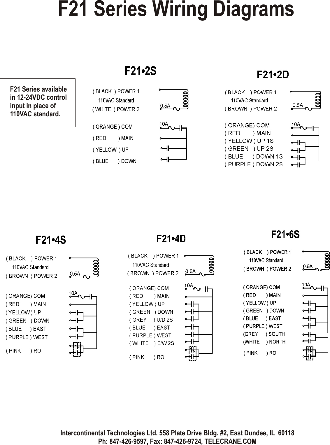 Intercontinental Technologies Ltd. 558 Plate Drive Bldg. #2, East Dundee, IL  60118Ph: 847-426-9597, Fax: 847-426-9724, TELECRANE.COMF21 Series Wiring DiagramsF21 Series available in 12-24VDC control input in place of 110VAC standard.