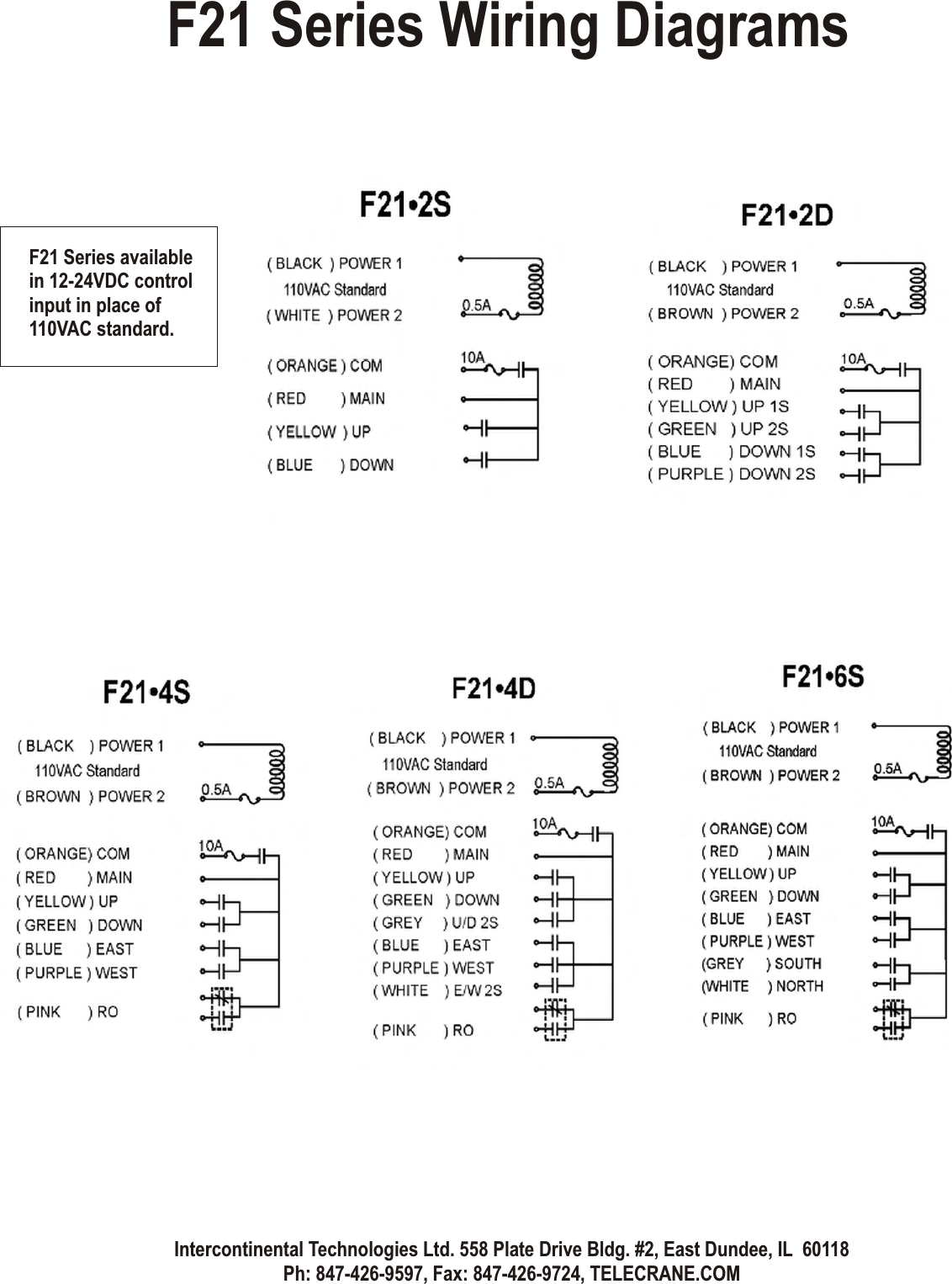 Intercontinental Technologies Ltd. 558 Plate Drive Bldg. #2, East Dundee, IL  60118Ph: 847-426-9597, Fax: 847-426-9724, TELECRANE.COMF21 Series Wiring DiagramsF21 Series available in 12-24VDC control input in place of 110VAC standard.