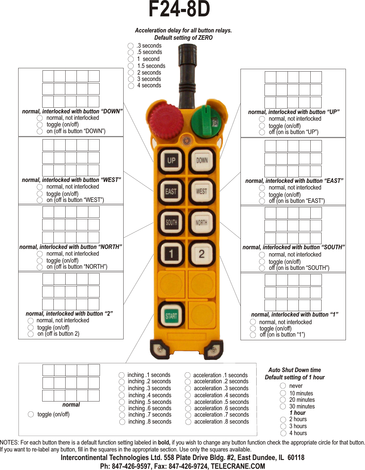 normal, not interlockedtoggle (on/off)off (on is button “UP”)normal, interlocked with button “UP”normal, not interlockedtoggle (on/off)off (on is button “EAST”)normal, interlocked with button “EAST”normal, not interlockedtoggle (on/off)off (on is button “SOUTH”)normal, interlocked with button “SOUTH”normal, not interlockedtoggle (on/off)off (on is button “1”)normal, interlocked with button “1”normal, not interlockedtoggle (on/off)on (off is button “DOWN”)normal, interlocked with button “DOWN”normal, not interlockedtoggle (on/off)on (off is button “WEST”)normal, interlocked with button “WEST”normal, not interlockedtoggle (on/off)on (off is button “NORTH”)normal, interlocked with button “NORTH”normal, not interlockedtoggle (on/off)on (off is button 2)normal, interlocked with button “2”normaltoggle (on/off)inching .4 secondsinching .5 secondsinching .6 secondsinching .1 secondsinching .7 secondsinching .2 secondsinching .8 secondsinching .3 secondsacceleration .4 secondsacceleration .5 secondsacceleration .6 secondsacceleration .1 secondsacceleration .7 secondsacceleration .2 secondsacceleration .8 secondsacceleration .3 secondsAcceleration delay for all button relays.Default setting of ZERO10 minutes20 minutes30 minutes1 hour2 hours3 hours4 hoursAuto Shut Down timeDefault setting of 1 hournever1.5 seconds2 seconds3 seconds.3 seconds4 seconds.5 seconds1  secondF24-8DNOTES: For each button there is a default function setting labeled in bold, if you wish to change any button function check the appropriate circle for that button. If you want to re-label any button, fill in the squares in the appropriate section. Use only the squares available.Intercontinental Technologies Ltd. 558 Plate Drive Bldg. #2, East Dundee, IL  60118Ph: 847-426-9597, Fax: 847-426-9724, TELECRANE.COM