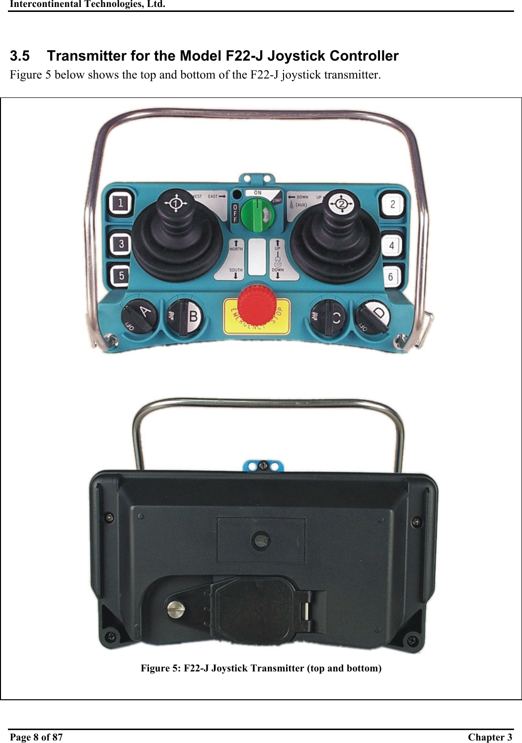 Intercontinental Technologies, Ltd.   Page 8 of 87  Chapter 3 3.5  Transmitter for the Model F22-J Joystick Controller Figure 5 below shows the top and bottom of the F22-J joystick transmitter.   Figure 5: F22-J Joystick Transmitter (top and bottom) 