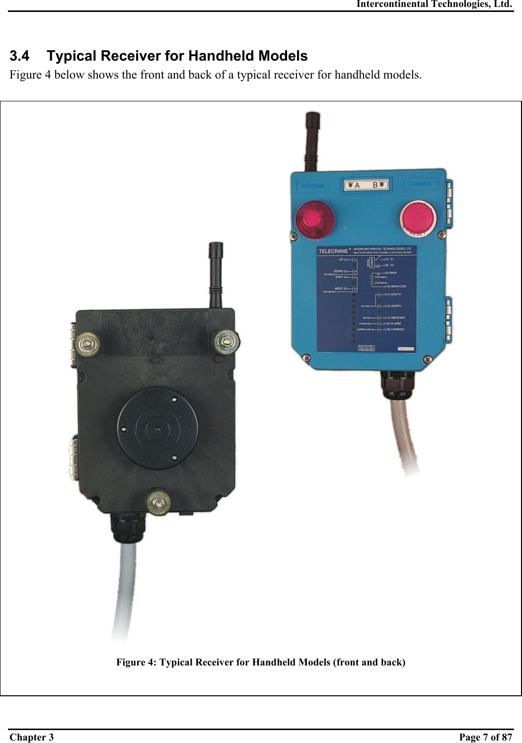 Intercontinental Technologies, Ltd. Chapter 3    Page 7 of 87 3.4  Typical Receiver for Handheld Models Figure 4 below shows the front and back of a typical receiver for handheld models.   Figure 4: Typical Receiver for Handheld Models (front and back)  