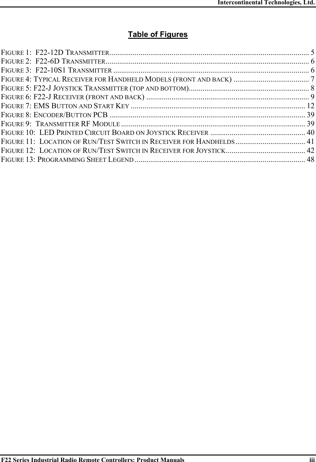 Intercontinental Technologies, Ltd. F22 Series Industrial Radio Remote Controllers: Product Manuals  iii  Table of Figures  FIGURE 1:  F22-12D TRANSMITTER....................................................................................................... 5 FIGURE 2:  F22-6D TRANSMITTER......................................................................................................... 6 FIGURE 3:  F22-10S1 TRANSMITTER..................................................................................................... 6 FIGURE 4: TYPICAL RECEIVER FOR HANDHELD MODELS (FRONT AND BACK) ....................................... 7 FIGURE 5: F22-J JOYSTICK TRANSMITTER (TOP AND BOTTOM).............................................................. 8 FIGURE 6: F22-J RECEIVER (FRONT AND BACK) .................................................................................... 9 FIGURE 7: EMS BUTTON AND START KEY.......................................................................................... 12 FIGURE 8: ENCODER/BUTTON PCB ..................................................................................................... 39 FIGURE 9:  TRANSMITTER RF MODULE............................................................................................... 39 FIGURE 10:  LED PRINTED CIRCUIT BOARD ON JOYSTICK RECEIVER................................................. 40 FIGURE 11:  LOCATION OF RUN/TEST SWITCH IN RECEIVER FOR HANDHELDS.................................... 41 FIGURE 12:  LOCATION OF RUN/TEST SWITCH IN RECEIVER FOR JOYSTICK......................................... 42 FIGURE 13: PROGRAMMING SHEET LEGEND........................................................................................ 48   