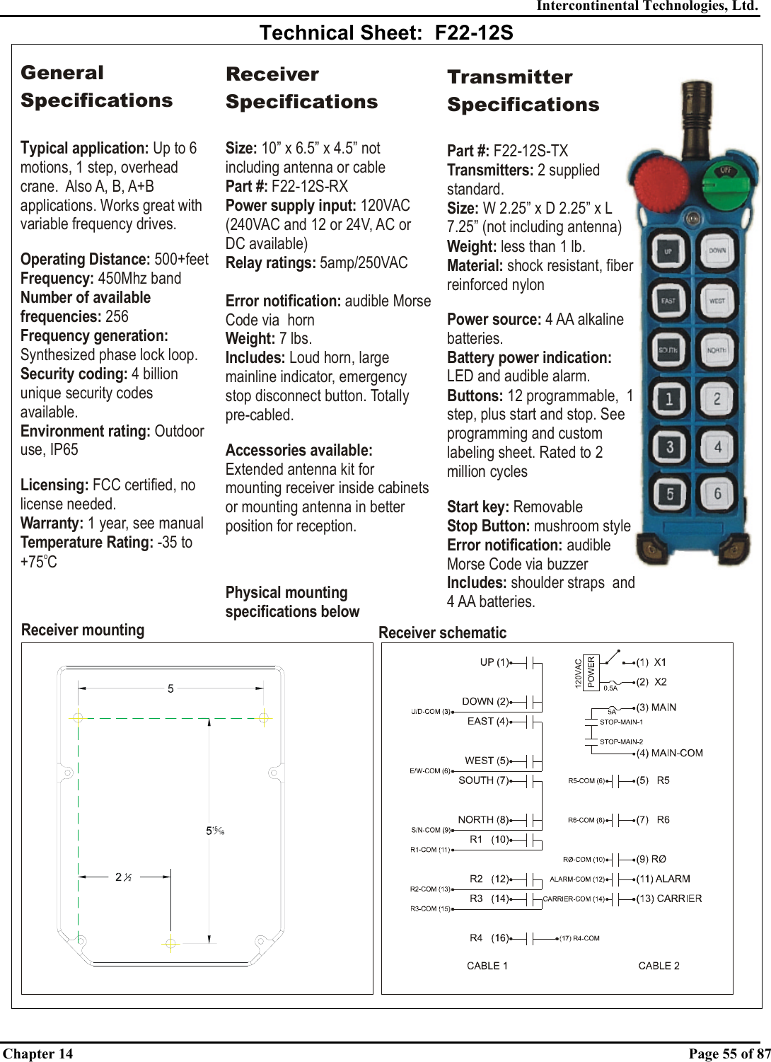 Intercontinental Technologies, Ltd. Chapter 14    Page 55 of 87  Technical Sheet:  F22-12S General SpecificationsTypical application: Operating Distance:Frequency: Number of available frequencies:Frequency generation: Security coding: Environment rating: Licensing:Warranty:Up to 6 motions, 1 step, overhead crane.  Also A, B, A+B applications. Works great with variable frequency drives. 500+feet450Mhz band 256Synthesized phase lock loop.4 billion unique security codes available.Outdoor use, IP65 FCC certified, no license needed. 1 year, see manualTemperature Rating: -35 to +75 CoReceiver SpecificationsSize: 10” x 6.5” x 4.5” not including antenna or cablePart #:Power supply input: Relay ratings: Error notification: Weight: Includes: Accessories available: Physical mounting specifications below F22-12S-RX120VAC (240VAC and 12 or 24V, AC or DC available)5amp/250VACaudible Morse Code via  horn7 lbs.Loud horn, large mainline indicator, emergency stop disconnect button. Totally pre-cabled.Extended antenna kit for mounting receiver inside cabinets or mounting antenna in better position for reception.Receiver mounting Receiver schematicTransmitter SpecificationsPart #: Transmitters: Size: Weight:  Material: Power source: Buttons: Start key: Stop Button: ication: Includes: F22-12S-TX2 supplied standard.W 2.25” x D 2.25” x less than 1 lb.shock resistant, fiber reinforced nylon4 AA alkaline batteries.12 programmable,  1 step, plus start and stop. See programming and custom labeling sheet. Rated to 2 million cyclesRemovablemushroom styleaudible Morse Code via buzzershoulder straps  and 4 AA batteries.L 7.25” (not including antenna)LED and audible alarm.Battery power indication: Error notif  