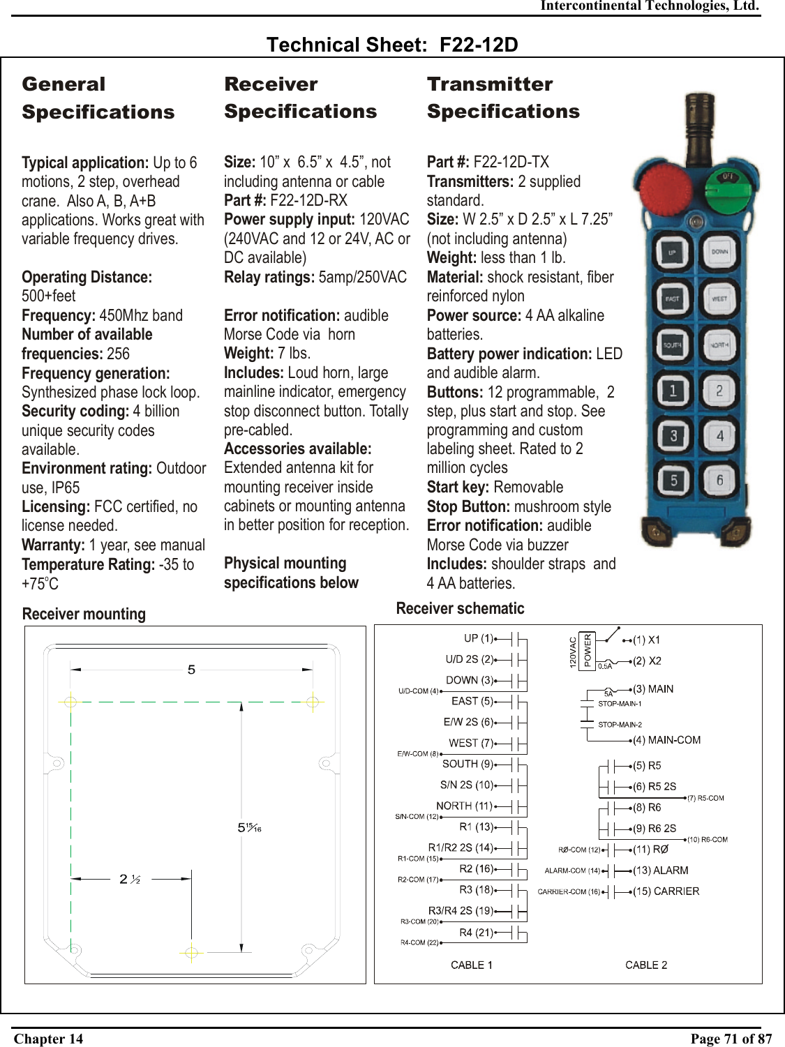 Intercontinental Technologies, Ltd. Chapter 14    Page 71 of 87  Technical Sheet:  F22-12D Receiver mounting Receiver schematicGeneral SpecificationsTypical application: Operating Distance:Frequency: Number of available frequencies:Frequency generation: Security coding: Environment rating: Licensing:Warranty:Up to 6 motions, 2 step, overhead crane.  Also A, B, A+B applications. Works great with variable frequency drives. 500+feet450Mhz band 256Synthesized phase lock loop.4 billion unique security codes available.Outdoor use, IP65 FCC certified, no license needed. 1 year, see manualTemperature Rating: -35 to +75 CoReceiver SpecificationsSize: 10” x  6.5” x  4.5”, not including antenna or cableand 12 or 24V, AC or DC available)Part #:Power supply input: Relay ratings: Error notification: Weight: Includes: Accessories available: Physical mounting specifications below F22-12D-RX120VAC (240VAC  5amp/250VACaudible Morse Code via  horn7 lbs.Loud horn, large mainline indicator, emergency stop disconnect button. Totally pre-cabled.Extended antenna kit for mounting receiver inside cabinets or mounting antenna in better position for reception.Transmitter SpecificationsPart #: Transmitters: Size: Weight:  Material: Power source: Buttons: Start key: Stop Button: ication: Includes: F22-12D-TX2 supplied standard.W 2.5” x D 2.5” x less than 1 lb.shock resistant, fiber reinforced nylon4 AA alkaline batteries.12 programmable,  2 step, plus start and stop. See programming and custom labeling sheet. Rated to 2 million cyclesRemovablemushroom styleaudible Morse Code via buzzershoulder straps  and 4 AA batteries.L 7.25” (not including antenna)LED and audible alarm.Battery power indication: Error notif 