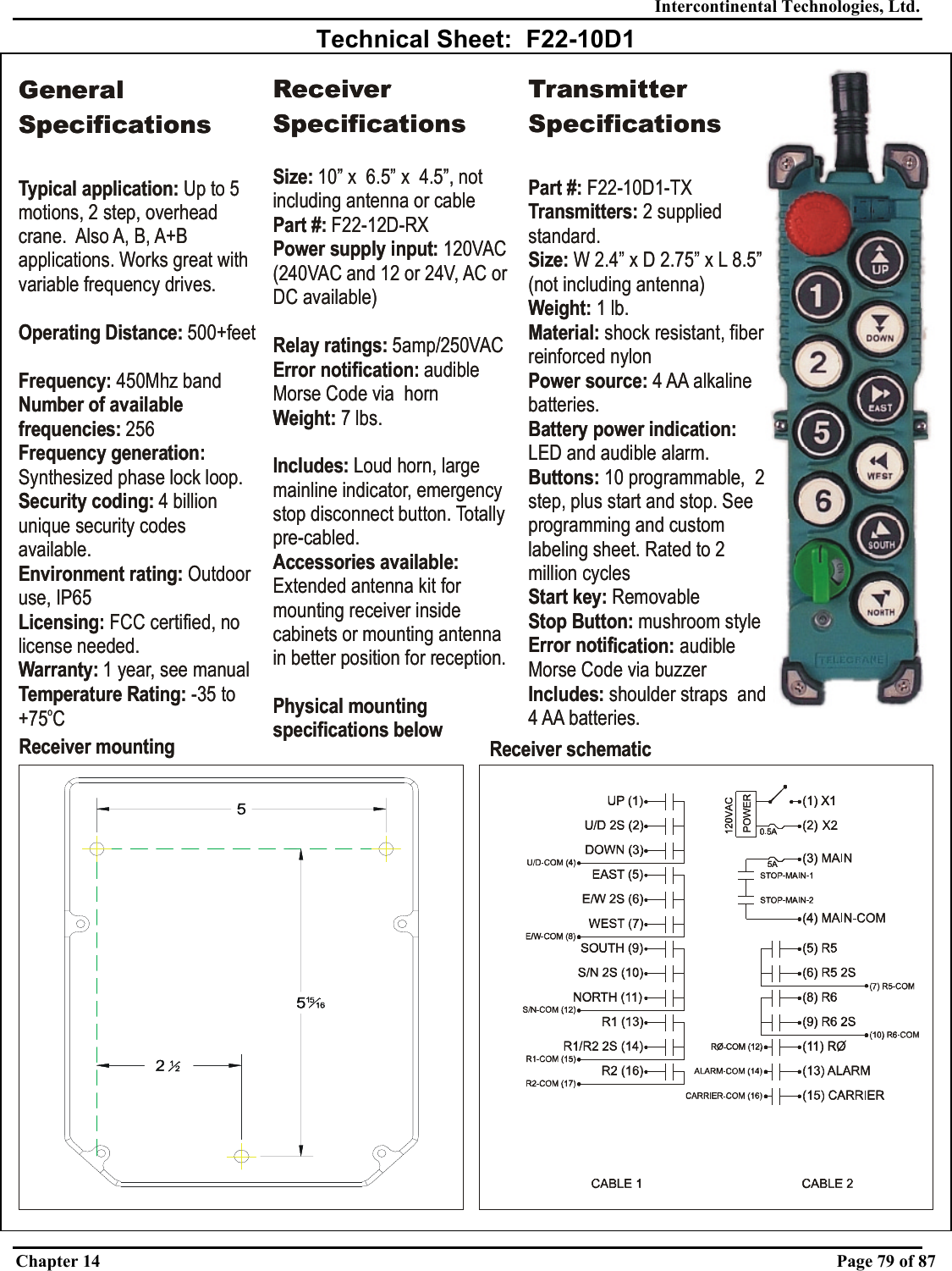 Intercontinental Technologies, Ltd. Chapter 14    Page 79 of 87  Technical Sheet:  F22-10D1 Receiver mountingReceiver schematicGeneral SpecificationsTypical application: Operating Distance:Frequency: Number of available frequencies:Frequency generation: Security coding: Environment rating: Licensing:Warranty:Up to 5 motions, 2 step, overhead crane.  Also A, B, A+B applications. Works great with variable frequency drives. 500+feet450Mhz band 256Synthesized phase lock loop.4 billion unique security codes available.Outdoor use, IP65 FCC certified, no license needed. 1 year, see manualTemperature Rating: -35 to +75 CoReceiver SpecificationsPart #:Power supply input: Relay ratings: Error notification: Weight: Includes: Accessories available: Physical mounting specifications below F22-12D-RX120VAC (240VAC 5amp/250VACaudible Morse Code via  horn7 lbs.Loud horn, large mainline indicator, emergency stop disconnect button. Totally pre-cabled.Extended antenna kit for mounting receiver inside cabinets or mounting antenna in better position for reception.Size: 10” x  6.5” x  4.5”, not including antenna or cableand 12 or 24V, AC or DC available)Transmitter SpecificationsPart #: Transmitters: Size: Weight:  Material: Power source: Buttons: Start key: Stop Button: ication: Includes: F22-10D1-TX2 supplied standard.W 2.4” x D 2.75” x 1lb.shock resistant, fiber reinforced nylon4 AA alkaline batteries.10 programmable,  2 step, plus start and stop. See programming and custom labeling sheet. Rated to 2 million cyclesRemovablemushroom styleaudible Morse Code via buzzershoulder straps  and 4 AA batteries.L 8.5” (not including antenna)LED and audible alarm.Battery power indication: Error notifReceiver mountingReceiver schematicGeneral SpecificationsTypical application: Operating Distance:Frequency: Number of available frequencies:Frequency generation: Security coding: Environment rating: Licensing:Warranty:Up to 5 motions, 2 step, overhead crane.  Also A, B, A+B applications. Works great with variable frequency drives. 500+feet450Mhz band 256Synthesized phase lock loop.4 billion unique security codes available.Outdoor use, IP65 FCC certified, no license needed. 1 year, see manualTemperature Rating: -35 to +75 CoReceiver SpecificationsSize: 10” x  6.5” x  4.5”, not including antenna or cableand 12 or 24V, AC or DC available)Part #:Power supply input: Relay ratings: Error notification: Weight: Includes: Accessories available: Physical mounting specifications below F22-12D-RX120VAC (240VAC 5amp/250VACaudible Morse Code via  horn7 lbs.Loud horn, large mainline indicator, emergency stop disconnect button. Totally pre-cabled.Extended antenna kit for mounting receiver inside cabinets or mounting antenna in better position for reception.Transmitter SpecificationsPart #: Transmitters: Size: Weight:  Material: Power source: Buttons: Start key: Stop Button: ication: Includes: F22-10D1-TX2 supplied standard.W 2.4” x D 2.75” x 1lb.shock resistant, fiber reinforced nylon4 AA alkaline batteries.10 programmable,  2 step, plus start and stop. See programming and custom labeling sheet. Rated to 2 million cyclesRemovablemushroom styleaudible Morse Code via buzzershoulder straps  and 4 AA batteries.L 8.5” (not including antenna)LED and audible alarm.Battery power indication: Error notif 