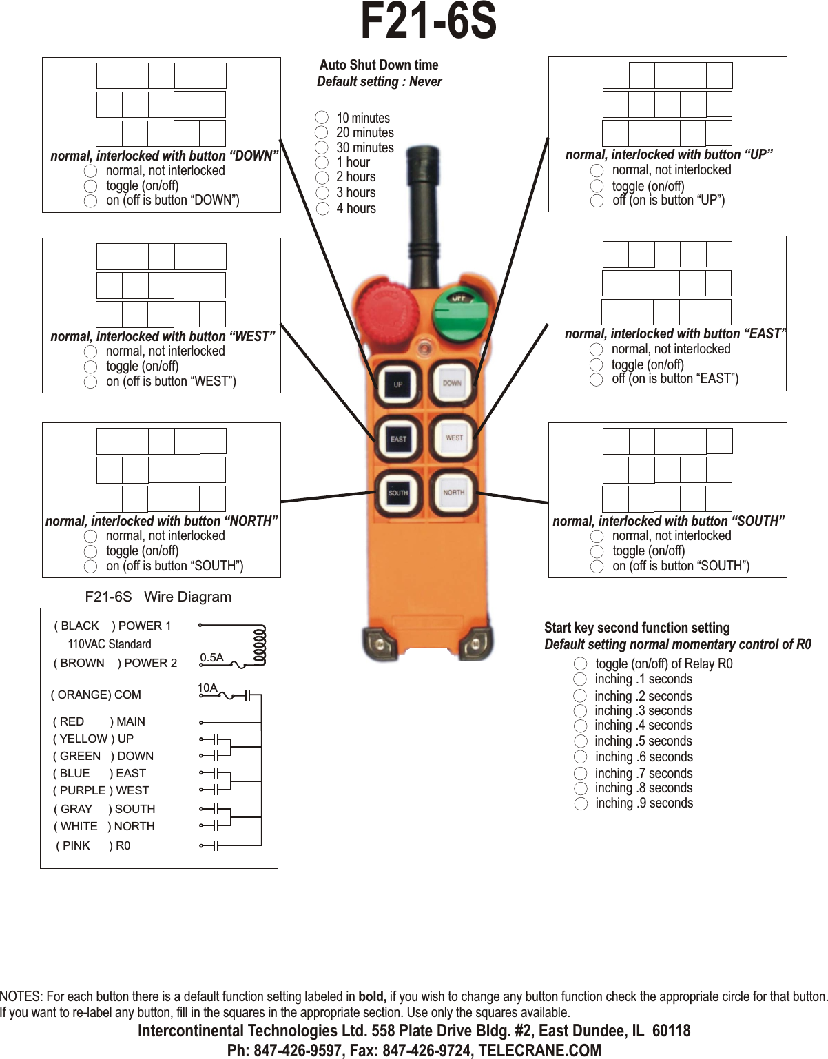 normal, not interlockedtoggle (on/off)off (on is button “UP”)normal, interlocked with button “UP”normal, not interlockedtoggle (on/off)off (on is button “EAST”)normal, interlocked with button “EAST”normal, not interlockedtoggle (on/off)on (off is button “DOWN”)normal, interlocked with button “DOWN”normal, not interlockedtoggle (on/off)on (off is button “WEST”)normal, interlocked with button “WEST”normal, not interlockedtoggle (on/off)on (off is button “SOUTH”)normal, interlocked with button “NORTH”normal, not interlockedtoggle (on/off)on (off is button “SOUTH”)normal, interlocked with button “SOUTH”toggle (on/off) of Relay R0Start key second function settingDefault setting normal momentary control of R0inching .1 secondsinching .2 secondsinching .3 secondsinching .4 secondsinching .6 secondsinching .7 secondsinching .8 secondsinching .9 secondsinching .5 seconds10 minutes20 minutes30 minutes1 hour2 hours3 hours4 hoursAuto Shut Down timeDefault setting : NeverF21-6S( RED        ) MAIN( YELLOW ) UP( GREEN   ) DOWN( BLUE      ) EAST( PURPLE ) WESTF21-6S   Wire Diagram0.5A10A( PINK      ) R0( BLACK    ) POWER 1( BROWN    ) POWER 2110VAC Standard( GRAY     ) SOUTH( WHITE   ) NORTH( ORANGE) COMNOTES: For each button there is a default function setting labeled in bold, if you wish to change any button function check the appropriate circle for that button. If you want to re-label any button, fill in the squares in the appropriate section. Use only the squares available.Intercontinental Technologies Ltd. 558 Plate Drive Bldg. #2, East Dundee, IL  60118Ph: 847-426-9597, Fax: 847-426-9724, TELECRANE.COM