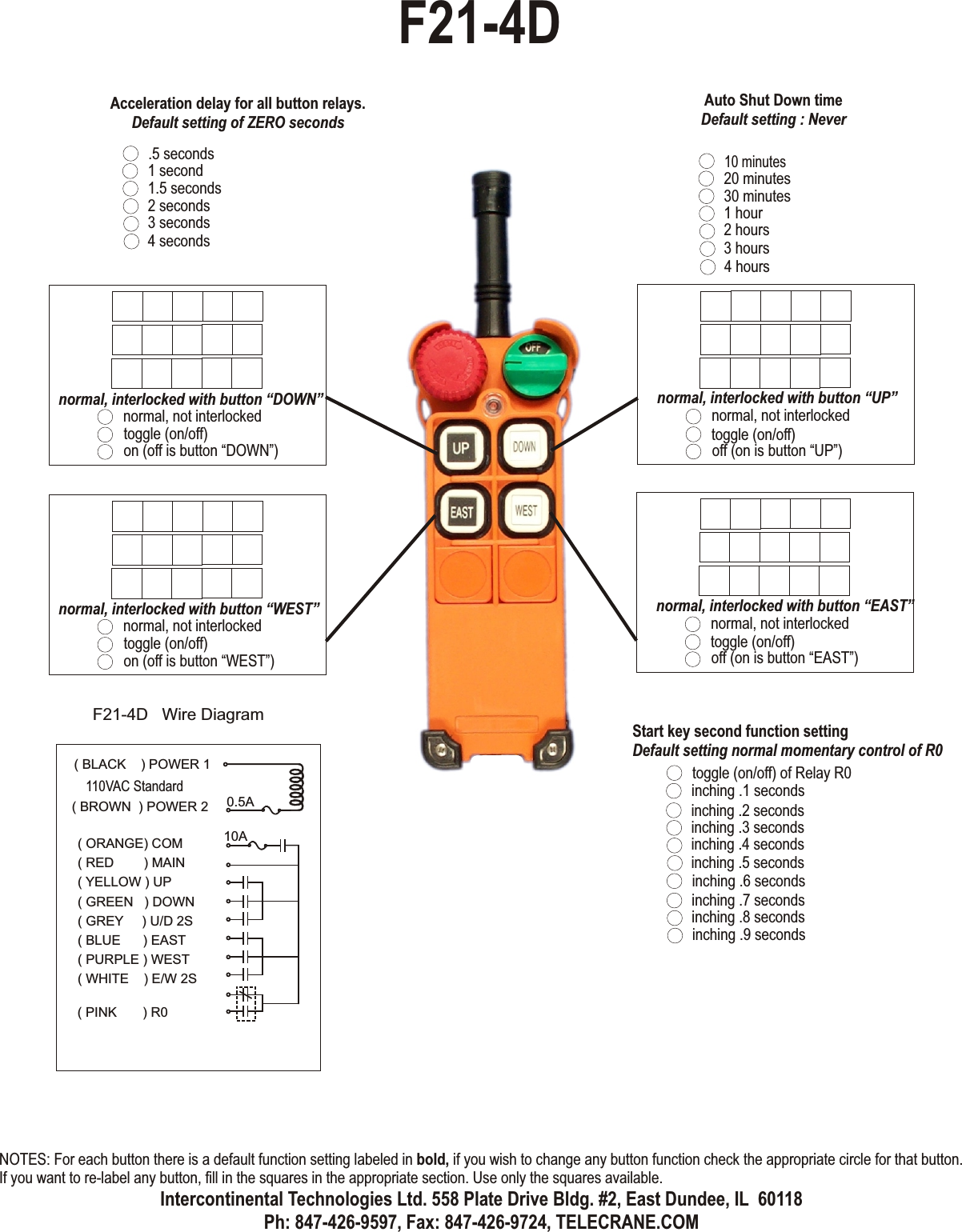 normal, not interlockedtoggle (on/off)off (on is button “UP”)normal, interlocked with button “UP”normal, not interlockedtoggle (on/off)off (on is button “EAST”)normal, interlocked with button “EAST”normal, not interlockedtoggle (on/off)on (off is button “DOWN”)normal, interlocked with button “DOWN”normal, not interlockedtoggle (on/off)on (off is button “WEST”)normal, interlocked with button “WEST”toggle (on/off) of Relay R0inching .1 secondsinching .2 secondsinching .3 secondsinching .4 secondsinching .6 secondsinching .7 secondsinching .8 secondsinching .9 secondsinching .5 seconds.5 seconds1 second1.5 seconds2 seconds3 seconds4 secondsAcceleration delay for all button relays.Default setting of ZERO secondsF21-4DF21-4D   Wire Diagram0.5A10A( BLACK    ) POWER 1( ORANGE) COM( RED        ) MAIN( YELLOW ) UP( GREEN   ) DOWN( GREY     ) U/D 2S( BLUE      ) EAST( PURPLE ) WEST( WHITE    ) E/W 2S( PINK       ) R0( BROWN  ) POWER 2110VAC StandardStart key second function settingDefault setting normal momentary control of R010 minutes20 minutes30 minutes1 hour2 hours3 hours4 hoursAuto Shut Down timeDefault setting : NeverNOTES: For each button there is a default function setting labeled in bold, if you wish to change any button function check the appropriate circle for that button. If you want to re-label any button, fill in the squares in the appropriate section. Use only the squares available.Intercontinental Technologies Ltd. 558 Plate Drive Bldg. #2, East Dundee, IL  60118Ph: 847-426-9597, Fax: 847-426-9724, TELECRANE.COM