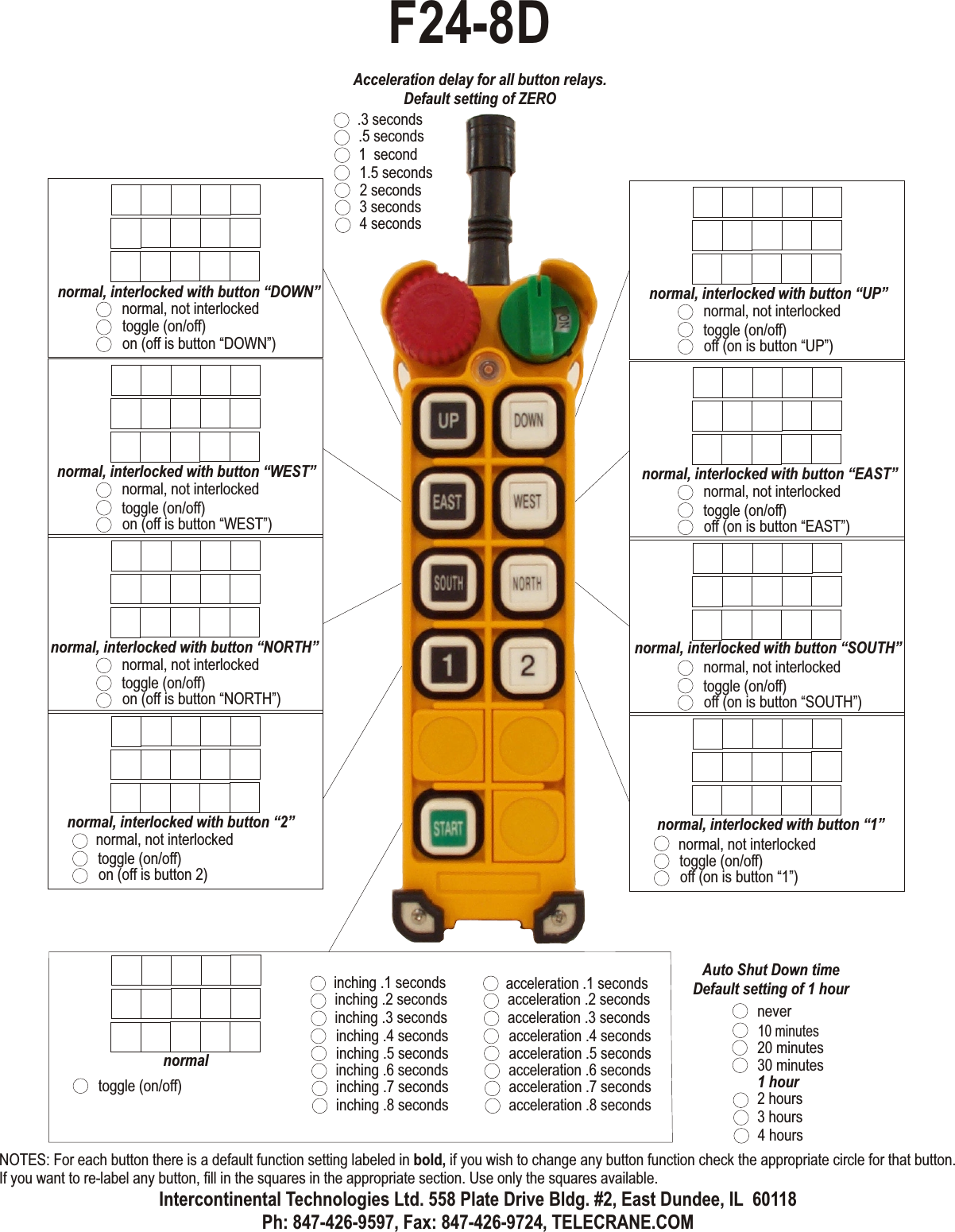 normal, not interlockedtoggle (on/off)off (on is button “UP”)normal, interlocked with button “UP”normal, not interlockedtoggle (on/off)off (on is button “EAST”)normal, interlocked with button “EAST”normal, not interlockedtoggle (on/off)off (on is button “SOUTH”)normal, interlocked with button “SOUTH”normal, not interlockedtoggle (on/off)off (on is button “1”)normal, interlocked with button “1”normal, not interlockedtoggle (on/off)on (off is button “DOWN”)normal, interlocked with button “DOWN”normal, not interlockedtoggle (on/off)on (off is button “WEST”)normal, interlocked with button “WEST”normal, not interlockedtoggle (on/off)on (off is button “NORTH”)normal, interlocked with button “NORTH”normal, not interlockedtoggle (on/off)on (off is button 2)normal, interlocked with button “2”normaltoggle (on/off)inching .4 secondsinching .5 secondsinching .6 secondsinching .1 secondsinching .7 secondsinching .2 secondsinching .8 secondsinching .3 secondsacceleration .4 secondsacceleration .5 secondsacceleration .6 secondsacceleration .1 secondsacceleration .7 secondsacceleration .2 secondsacceleration .8 secondsacceleration .3 secondsAcceleration delay for all button relays.Default setting of ZERO10 minutes20 minutes30 minutes1 hour2 hours3 hours4 hoursAuto Shut Down timeDefault setting of 1 hournever1.5 seconds2 seconds3 seconds.3 seconds4 seconds.5 seconds1  secondF24-8DNOTES: For each button there is a default function setting labeled in bold, if you wish to change any button function check the appropriate circle for that button. If you want to re-label any button, fill in the squares in the appropriate section. Use only the squares available.Intercontinental Technologies Ltd. 558 Plate Drive Bldg. #2, East Dundee, IL  60118Ph: 847-426-9597, Fax: 847-426-9724, TELECRANE.COM