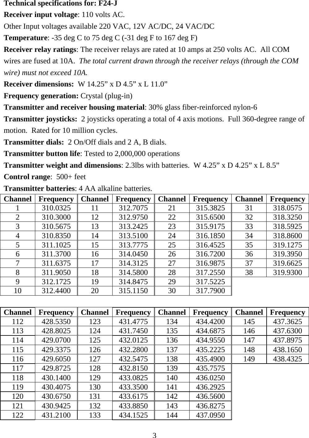 Technical specifications for: F24-J Receiver input voltage: 110 volts AC.   Other Input voltages available 220 VAC, 12V AC/DC, 24 VAC/DC Temperature: -35 deg C to 75 deg C (-31 deg F to 167 deg F) Receiver relay ratings: The receiver relays are rated at 10 amps at 250 volts AC.  All COM wires are fused at 10A.  The total current drawn through the receiver relays (through the COM wire) must not exceed 10A. Receiver dimensions:  W 14.25” x D 4.5” x L 11.0” Frequency generation: Crystal (plug-in) Transmitter and receiver housing material: 30% glass fiber-reinforced nylon-6 Transmitter joysticks:  2 joysticks operating a total of 4 axis motions.  Full 360-degree range of motion.  Rated for 10 million cycles. Transmitter dials:  2 On/Off dials and 2 A, B dials. Transmitter button life: Tested to 2,000,000 operations Transmitter weight and dimensions: 2.3lbs with batteries.  W 4.25” x D 4.25” x L 8.5” Control range:  500+ feet  Transmitter batteries: 4 AA alkaline batteries.   Channel Frequency Channel Frequency Channel Frequency Channel Frequency1  310.0325 11 312.7075 21 315.3825 31 318.0575 2  310.3000 12 312.9750 22 315.6500 32 318.3250 3  310.5675 13 313.2425 23 315.9175 33 318.5925 4  310.8350 14 313.5100 24 316.1850 34 318.8600 5  311.1025 15 313.7775 25 316.4525 35 319.1275 6  311.3700 16 314.0450 26 316.7200 36 319.3950 7  311.6375 17 314.3125 27 316.9875 37 319.6625 8  311.9050 18 314.5800 28 317.2550 38 319.9300 9  312.1725 19 314.8475 29 317.5225     10 312.4400 20 315.1150 30 317.7900      Channel Frequency Channel Frequency Channel Frequency Channel Frequency112 428.5350 123 431.4775 134 434.4200 145 437.3625 113 428.8025 124 431.7450 135 434.6875 146 437.6300 114 429.0700 125 432.0125 136 434.9550 147 437.8975 115 429.3375 126 432.2800 137 435.2225 148 438.1650 116 429.6050 127 432.5475 138 435.4900 149 438.4325 117 429.8725 128 432.8150 139 435.7575     118 430.1400 129 433.0825 140 436.0250     119 430.4075 130 433.3500 141 436.2925     120 430.6750 131 433.6175 142 436.5600     121 430.9425 132 433.8850 143 436.8275     122 431.2100 133 434.1525 144 437.0950      3  