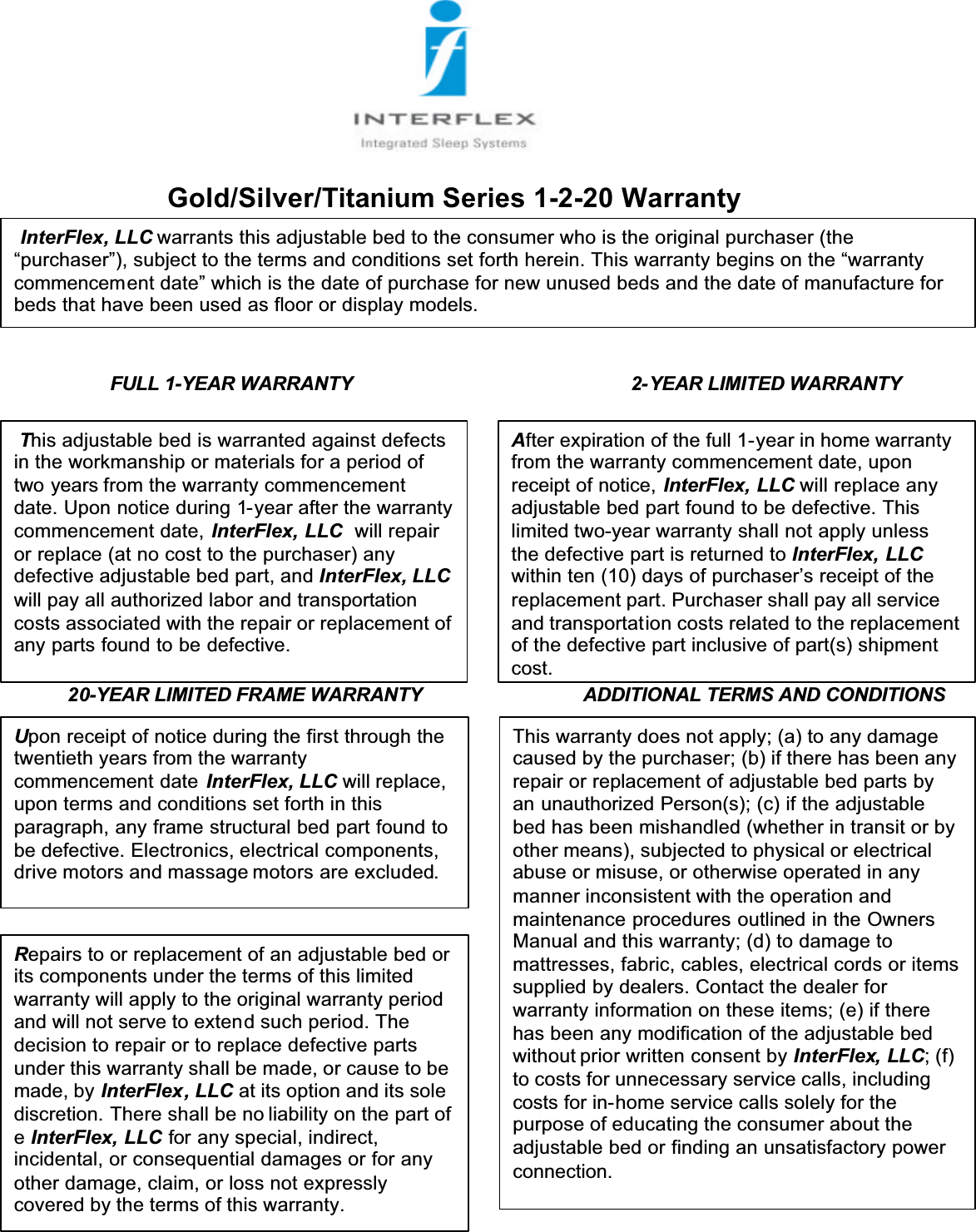 Gold/Silver/Titanium Series 1-2-20 WarrantyFULL 1-YEAR WARRANTY                                          2-YEAR LIMITED WARRANTY               20-YEAR LIMITED FRAME WARRANTY ADDITIONAL TERMS AND CONDITIONSInterFlex, LLC warrants this adjustable bed to the consumer who is the original purchaser (the “purchaser”), subject to the terms and conditions set forth herein. This warranty begins on the “warranty commencement date” which is the date of purchase for new unused beds and the date of manufacture for beds that have been used as floor or display models. This adjustable bed is warranted against defects in the workmanship or materials for a period of two years from the warranty commencement date. Upon notice during 1-year after the warranty commencement date, InterFlex, LLC  will repair or replace (at no cost to the purchaser) any defective adjustable bed part, and InterFlex, LLCwill pay all authorized labor and transportation costs associated with the repair or replacement of any parts found to be defective.After expiration of the full 1-year in home warranty from the warranty commencement date, upon receipt of notice, InterFlex, LLC will replace any adjustable bed part found to be defective. This limited two-year warranty shall not apply unless the defective part is returned to InterFlex, LLCwithin ten (10) days of purchaser’s receipt of the replacement part. Purchaser shall pay all service and transportation costs related to the replacement of the defective part inclusive of part(s) shipment cost.Upon receipt of notice during the first through the twentieth years from the warranty commencement date InterFlex, LLC will replace, upon terms and conditions set forth in this paragraph, any frame structural bed part found to be defective. Electronics, electrical components, drive motors and massage motors are excluded.This warranty does not apply; (a) to any damage caused by the purchaser; (b) if there has been any repair or replacement of adjustable bed parts by an unauthorized Person(s); (c) if the adjustable bed has been mishandled (whether in transit or by other means), subjected to physical or electrical abuse or misuse, or otherwise operated in any manner inconsistent with the operation and maintenance procedures outlined in the Owners Manual and this warranty; (d) to damage to mattresses, fabric, cables, electrical cords or items supplied by dealers. Contact the dealer for warranty information on these items; (e) if there has been any modification of the adjustable bed without prior written consent by InterFlex, LLC; (f) to costs for unnecessary service calls, including costs for in-home service calls solely for the purpose of educating the consumer about the adjustable bed or finding an unsatisfactory power connection.Repairs to or replacement of an adjustable bed or its components under the terms of this limited warranty will apply to the original warranty period and will not serve to extend such period. The decision to repair or to replace defective parts under this warranty shall be made, or cause to be made, by InterFlex, LLC at its option and its sole discretion. There shall be no liability on the part of eInterFlex, LLC for any special, indirect, incidental, or consequential damages or for any other damage, claim, or loss not expressly covered by the terms of this warranty.