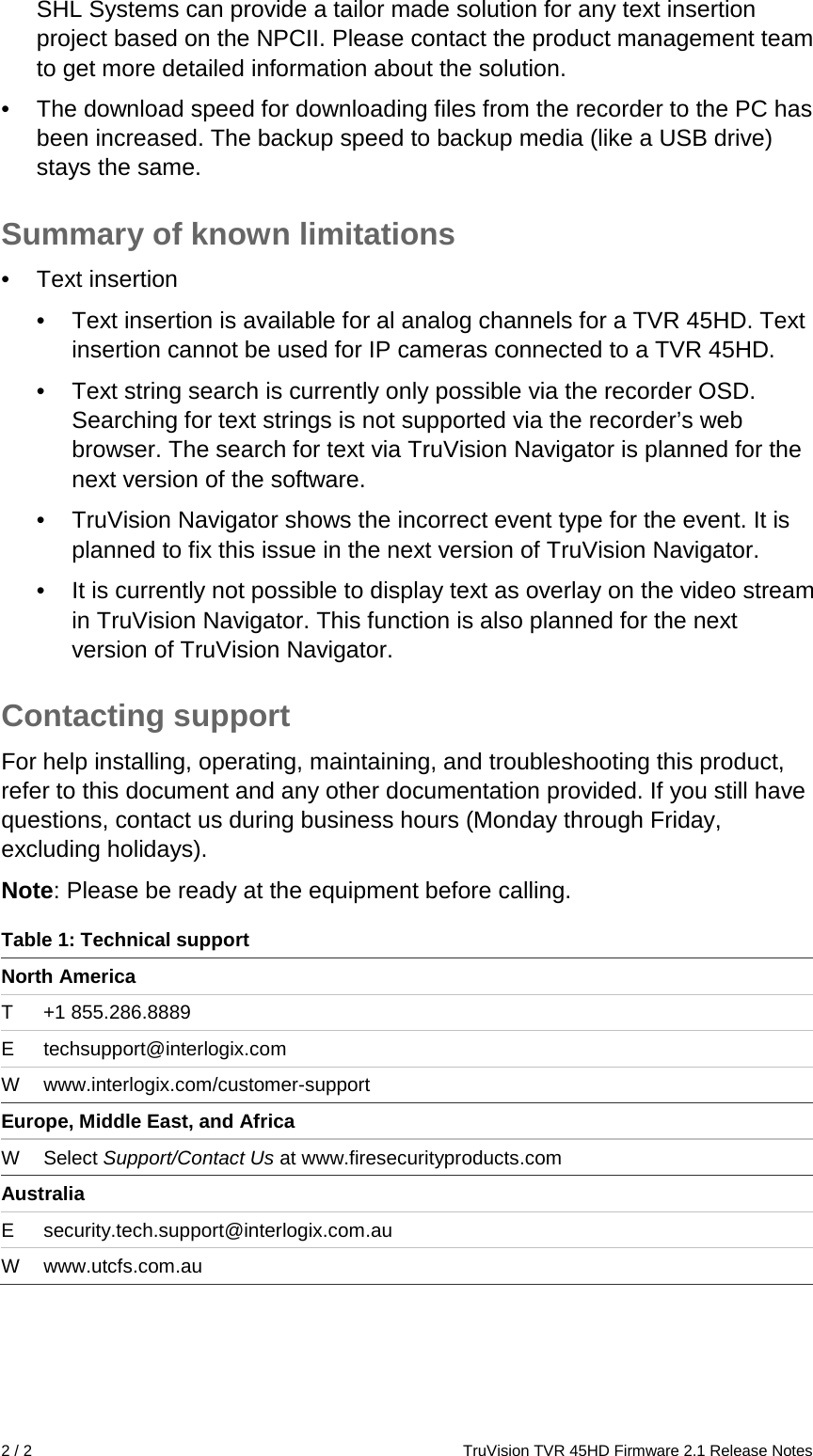 Page 2 of 2 - TruVision TVR 45HD Firmware 2.1 Release Notes  1073488b-tvr-45hd-fw2.1-release-notes-en