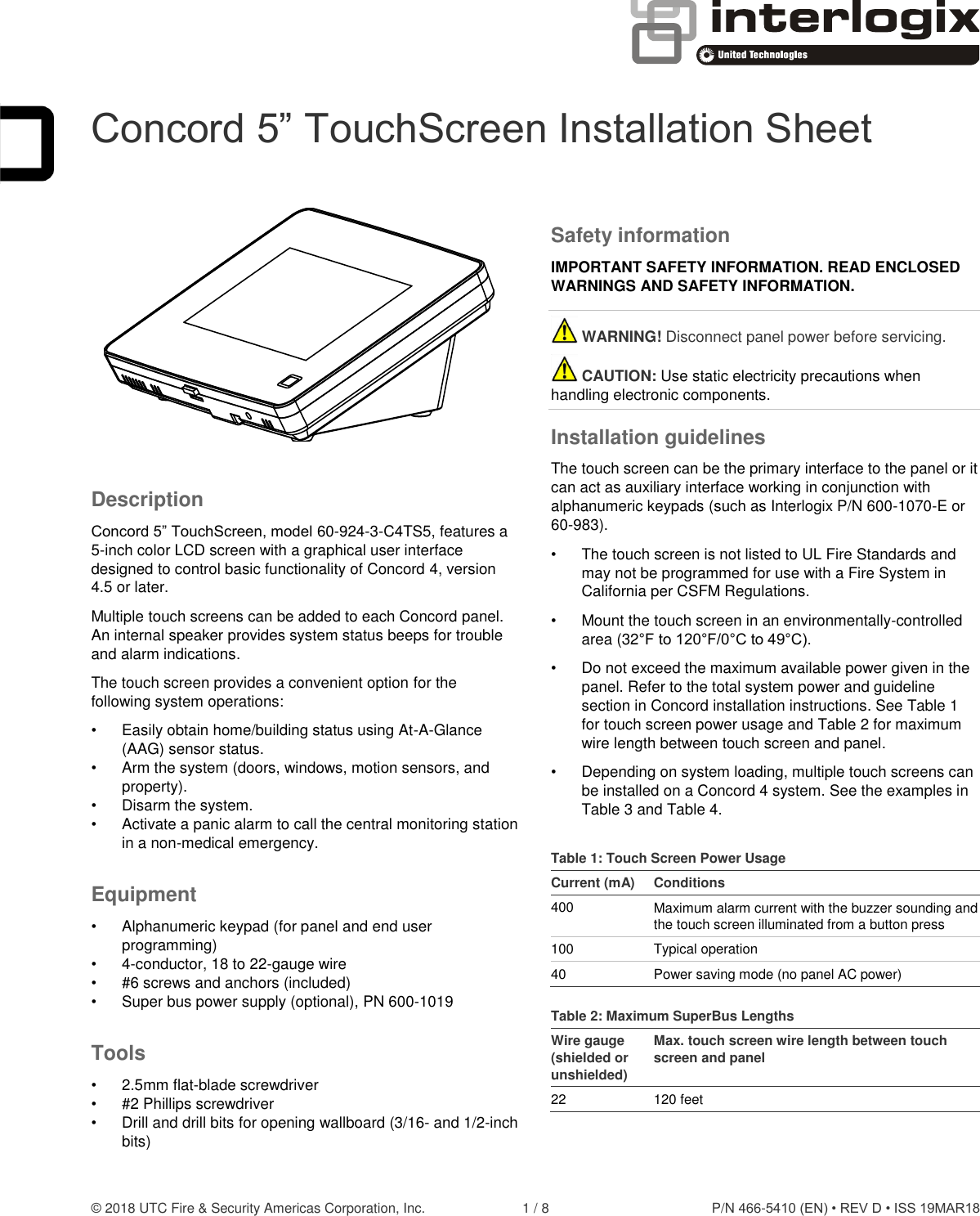 Page 1 of 8 - Concord 5” TouchScreen Installation Sheet  466-5410-revd-concord-5-touch-screen-install-sheet