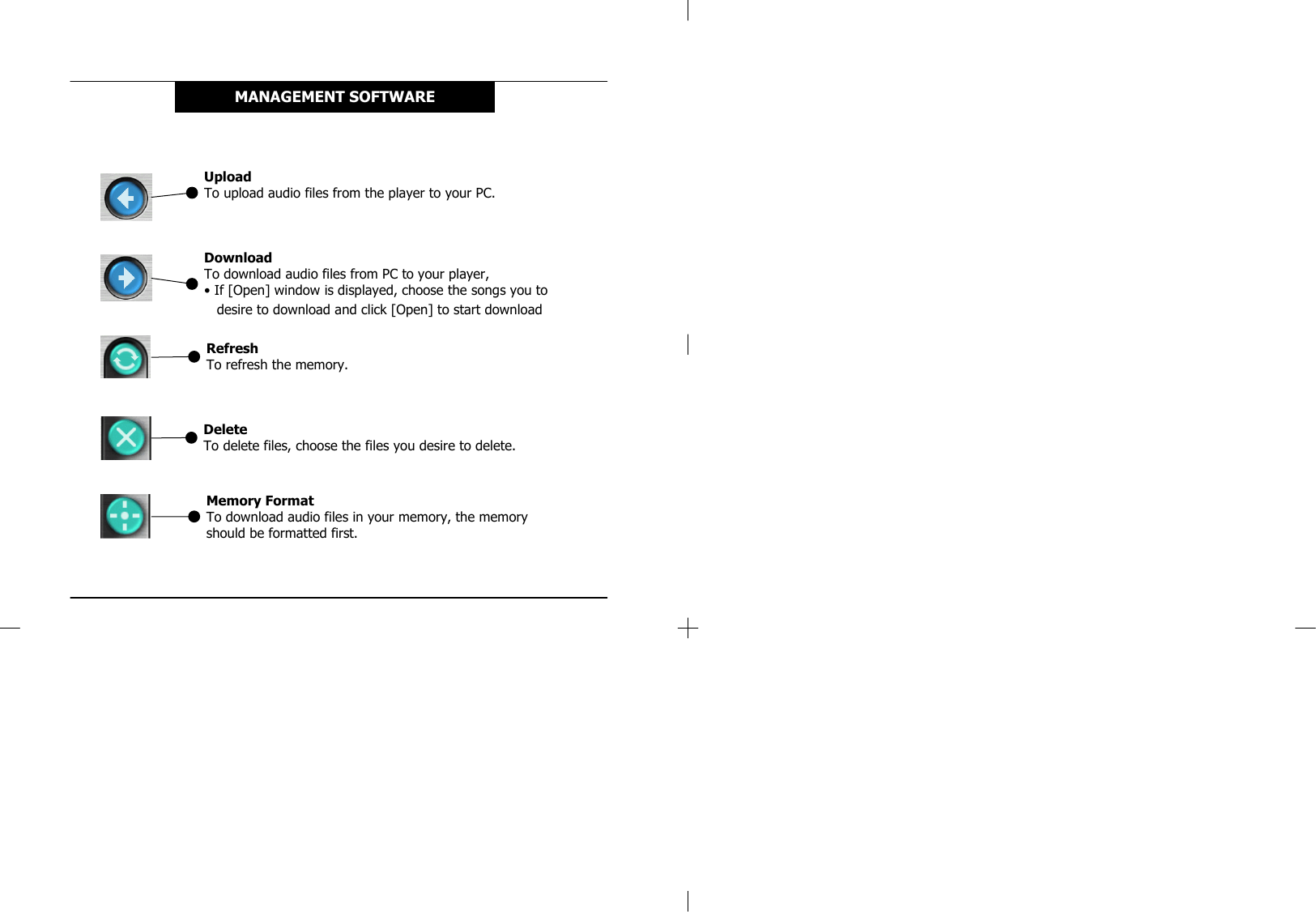 MANAGEMENT SOFTWAREMemory FormatTo download audio files in your memory, the memory should be formatted first.  RefreshTo refresh the memory.  UploadTo upload audio files from the player to your PC.  DownloadTo download audio files from PC to your player, • If [Open] window is displayed, choose the songs you to desire to download and click [Open] to start downloadDeleteTo delete files, choose the files you desire to delete.