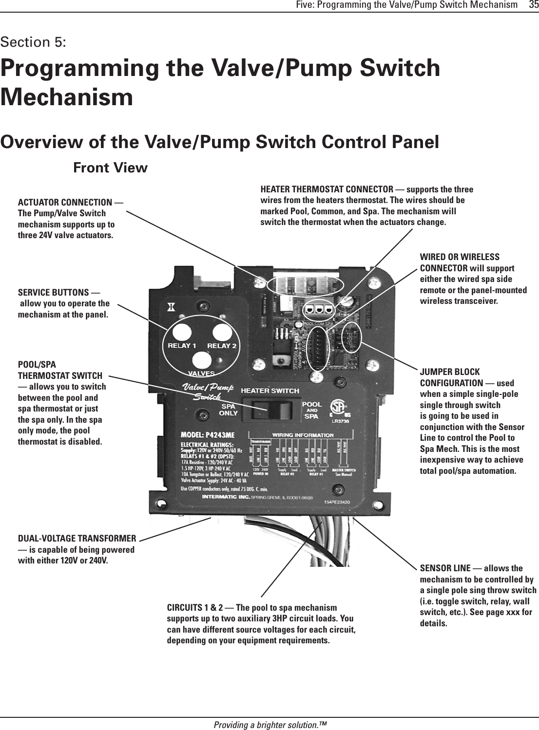 Five: Programming the Valve/Pump Switch Mechanism     35Providing a brighter solution.™Section 5:  Programming the Valve/Pump Switch MechanismOverview of the Valve/Pump Switch Control PanelFront ViewACTUATOR CONNECTION —  The Pump/Valve Switch  mechanism supports up to three 24V valve actuators.HEATER THERMOSTAT CONNECTOR — supports the three wires from the heaters thermostat. The wires should be marked Pool, Common, and Spa. The mechanism will switch the thermostat when the actuators change.WIRED OR WIRELESS CONNECTOR will support either the wired spa side remote or the panel-mounted wireless transceiver.JUMPER BLOCK CONFIGURATION — used when a simple single-pole single through switch is going to be used in conjunction with the Sensor Line to control the Pool to Spa Mech. This is the most inexpensive way to achieve total pool/spa automation.SENSOR LINE — allows the mechanism to be controlled by a single pole sing throw switch (i.e. toggle switch, relay, wall switch, etc.). See page xxx for details.SERVICE BUTTONS —  allow you to operate the mechanism at the panel.POOL/SPA THERMOSTAT SWITCH — allows you to switch between the pool and spa thermostat or just the spa only. In the spa only mode, the pool thermostat is disabled.DUAL-VOLTAGE TRANSFORMER — is capable of being powered with either 120V or 240V.CIRCUITS 1 &amp; 2 — The pool to spa mechanism supports up to two auxiliary 3HP circuit loads. You can have different source voltages for each circuit, depending on your equipment requirements.