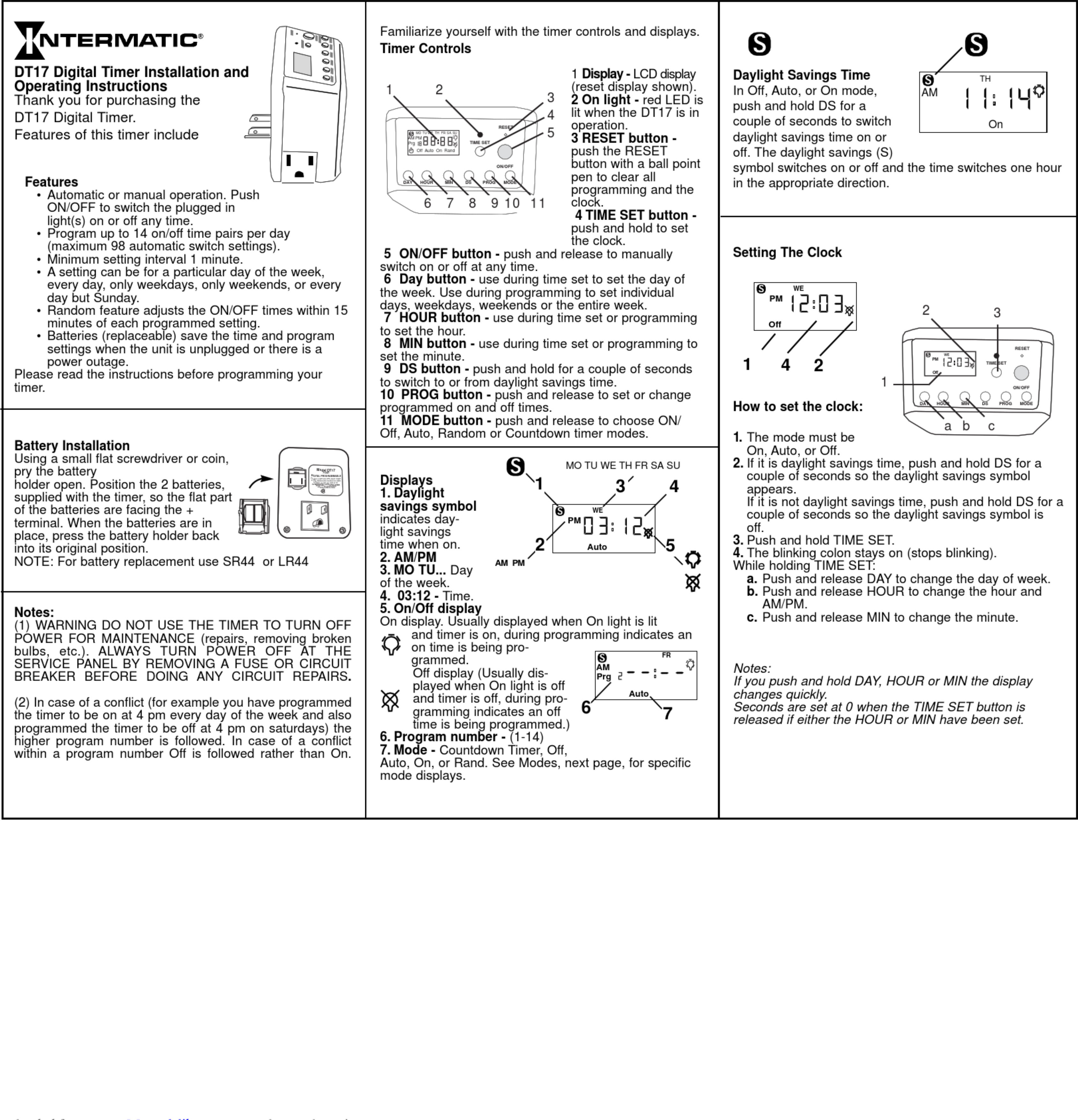 Intermatic Dt17 Operating Instructions 1002689 User Manual