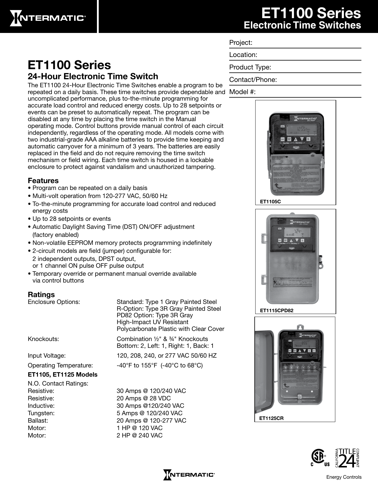 Page 1 of 4 - Intermatic Intermatic-Et1100-Series-Specifcations-Owner-S-Manual