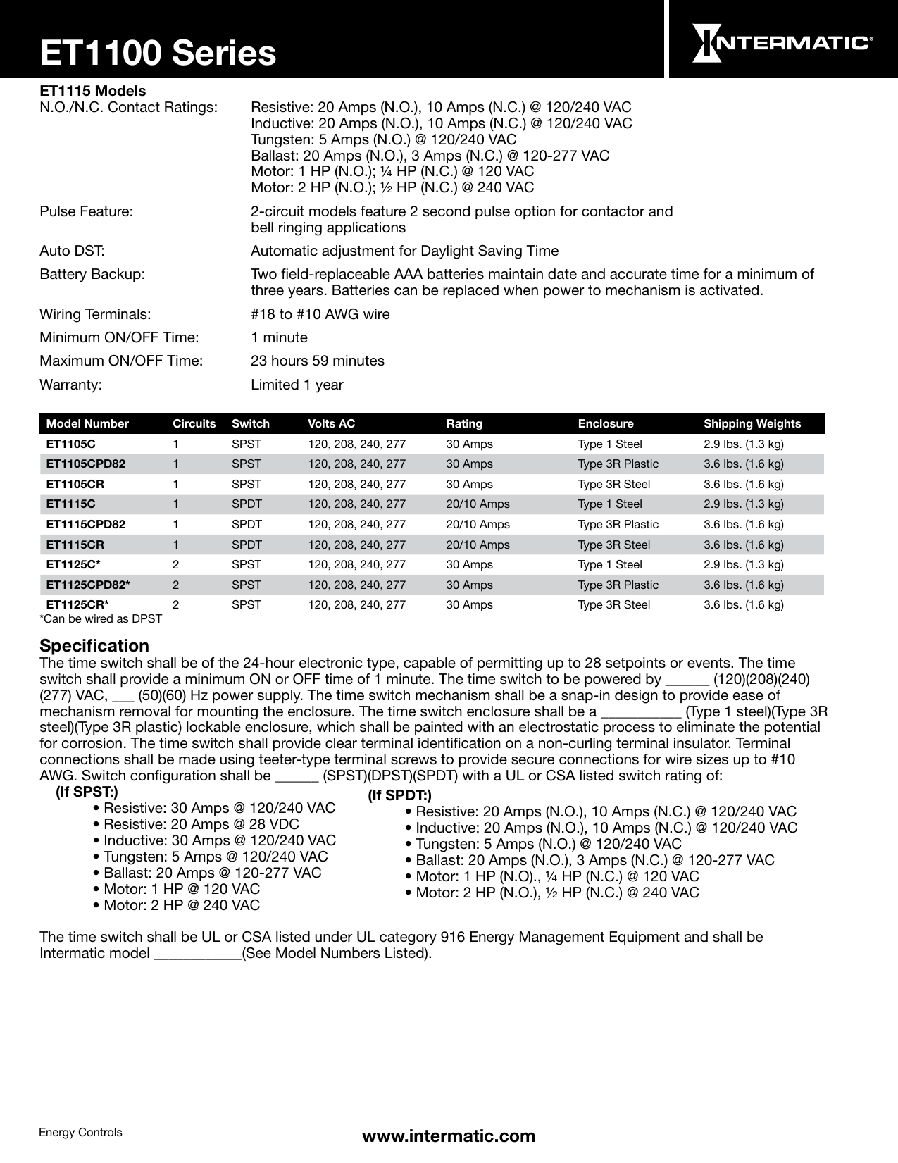 Page 2 of 4 - Intermatic Intermatic-Et1100-Series-Specifcations-Owner-S-Manual