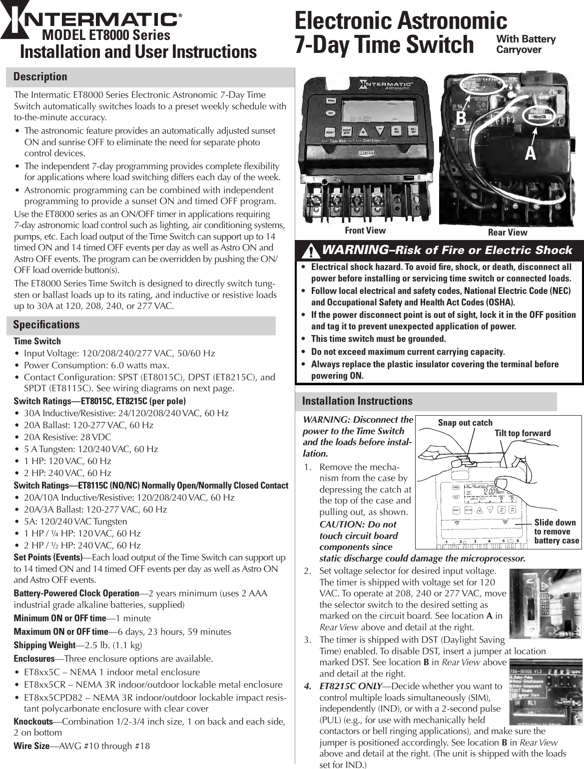 Page 1 of 4 - Intermatic Intermatic-Et8000-Series-Instructions-Owner-S-Manual