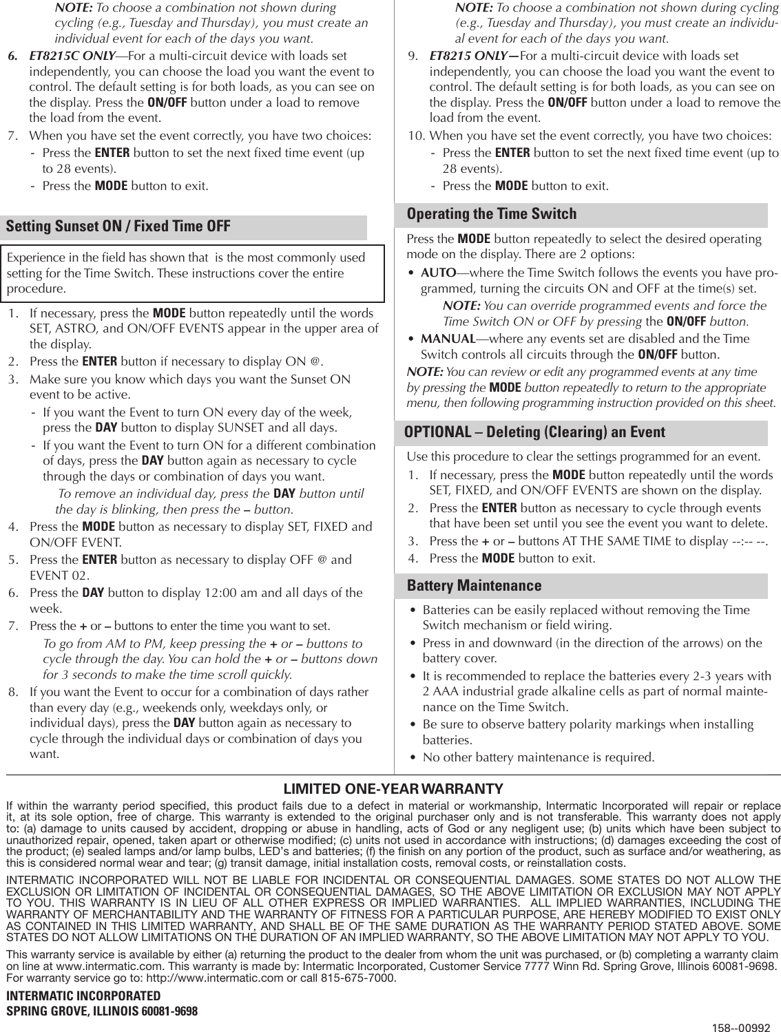 Page 4 of 4 - Intermatic Intermatic-Et8000-Series-Instructions-Owner-S-Manual