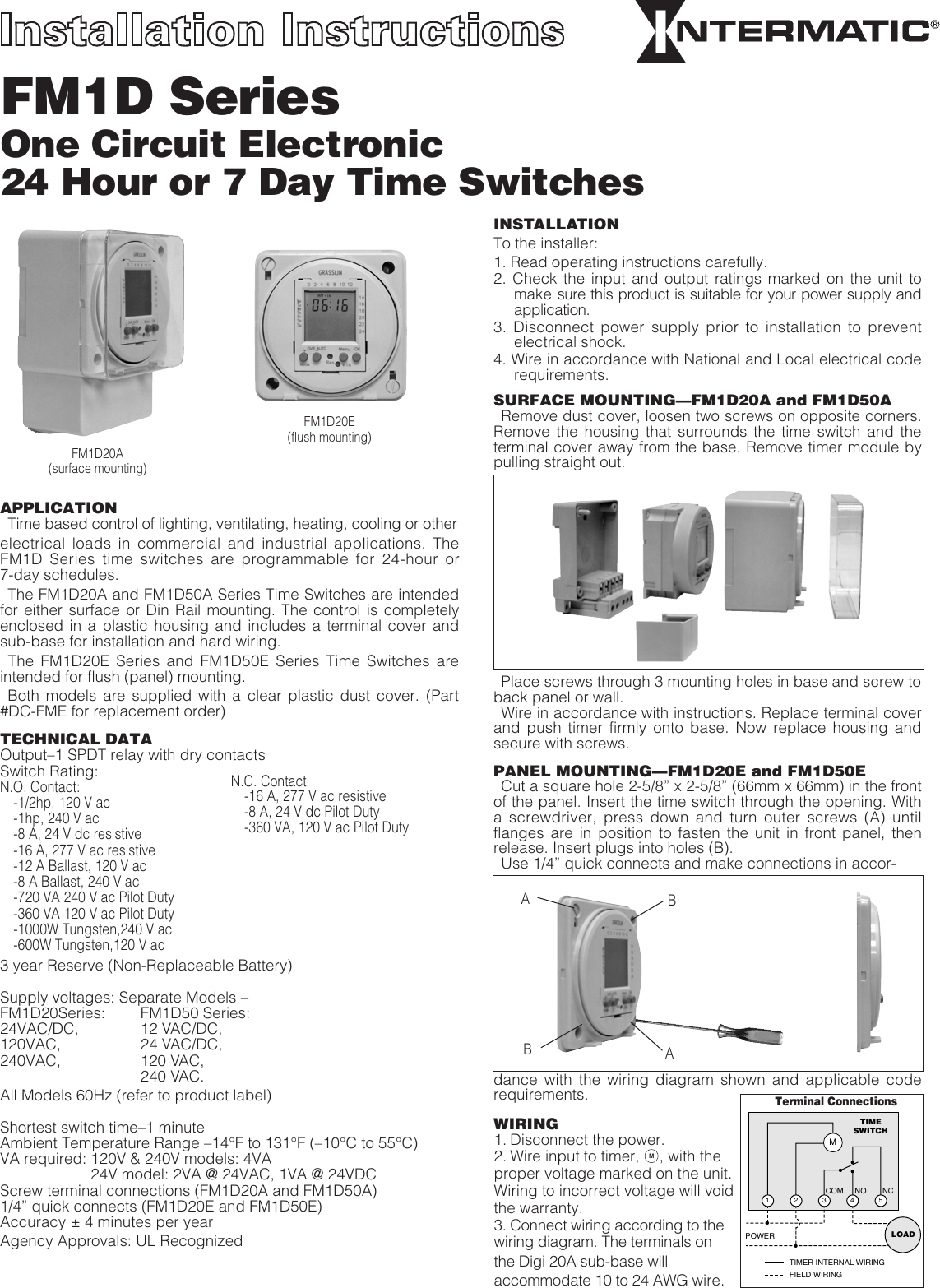 Page 1 of 2 - Intermatic Intermatic-Fm1D-Installation-Wiring-Instructions-Owner-S-Manual