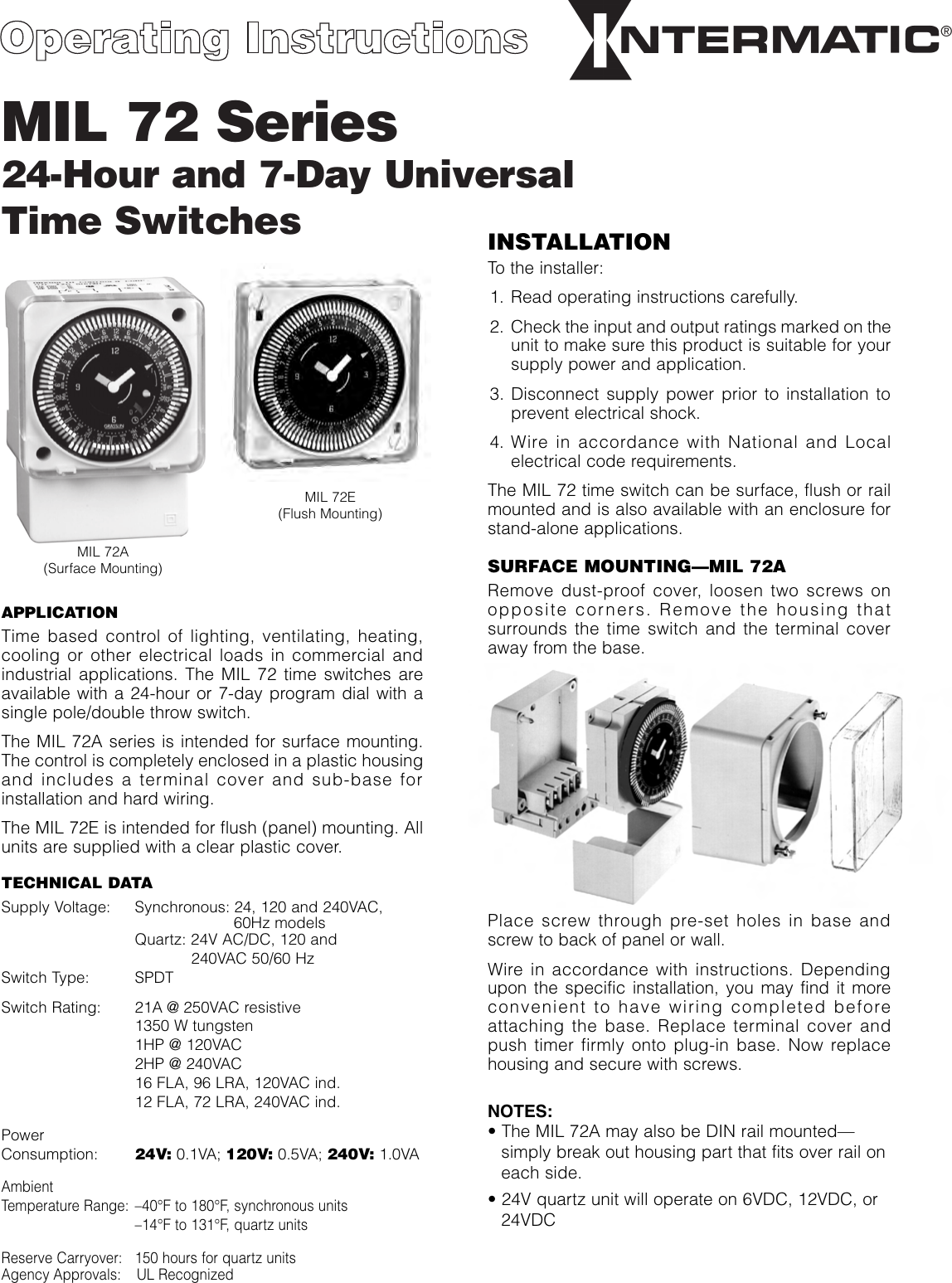 Page 1 of 2 - Intermatic Intermatic-Mil72-24-Hour-Series-Instructions-Owner-S-Manual