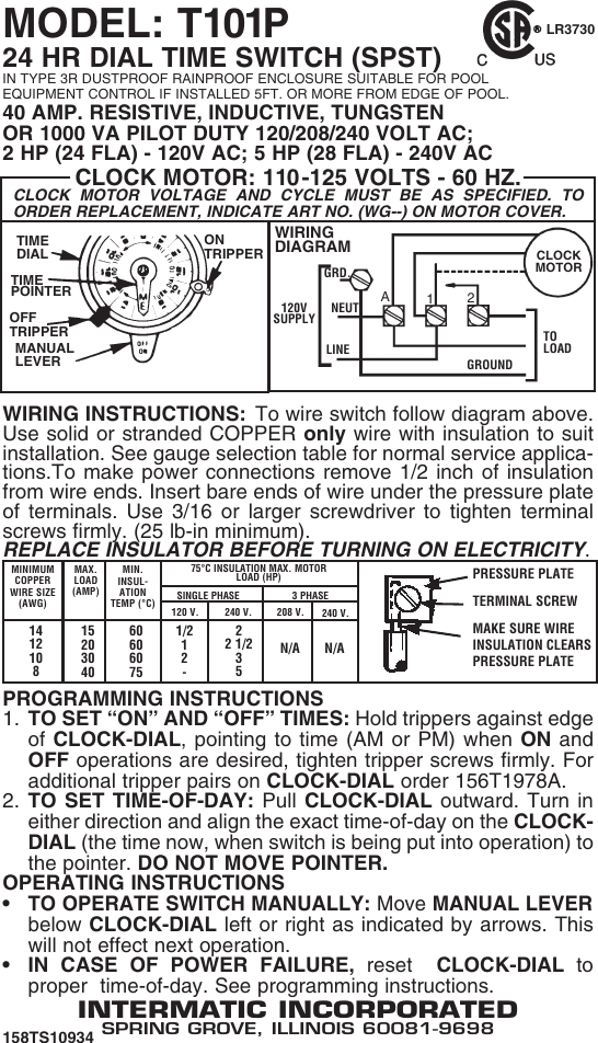 Page 1 of 1 - Intermatic Intermatic-T101P-And-T101Pcd82-Instructions-Owner-S-Manual