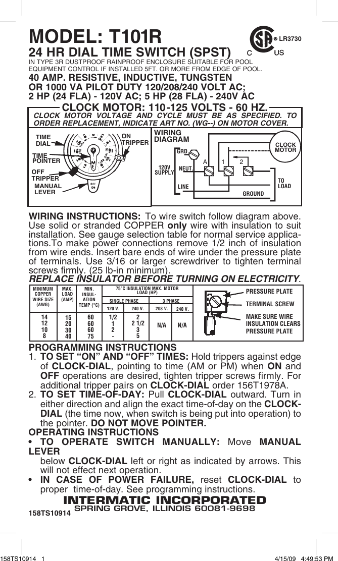Page 1 of 1 - Intermatic Intermatic-T101R-Instructions-Owner-S-Manual