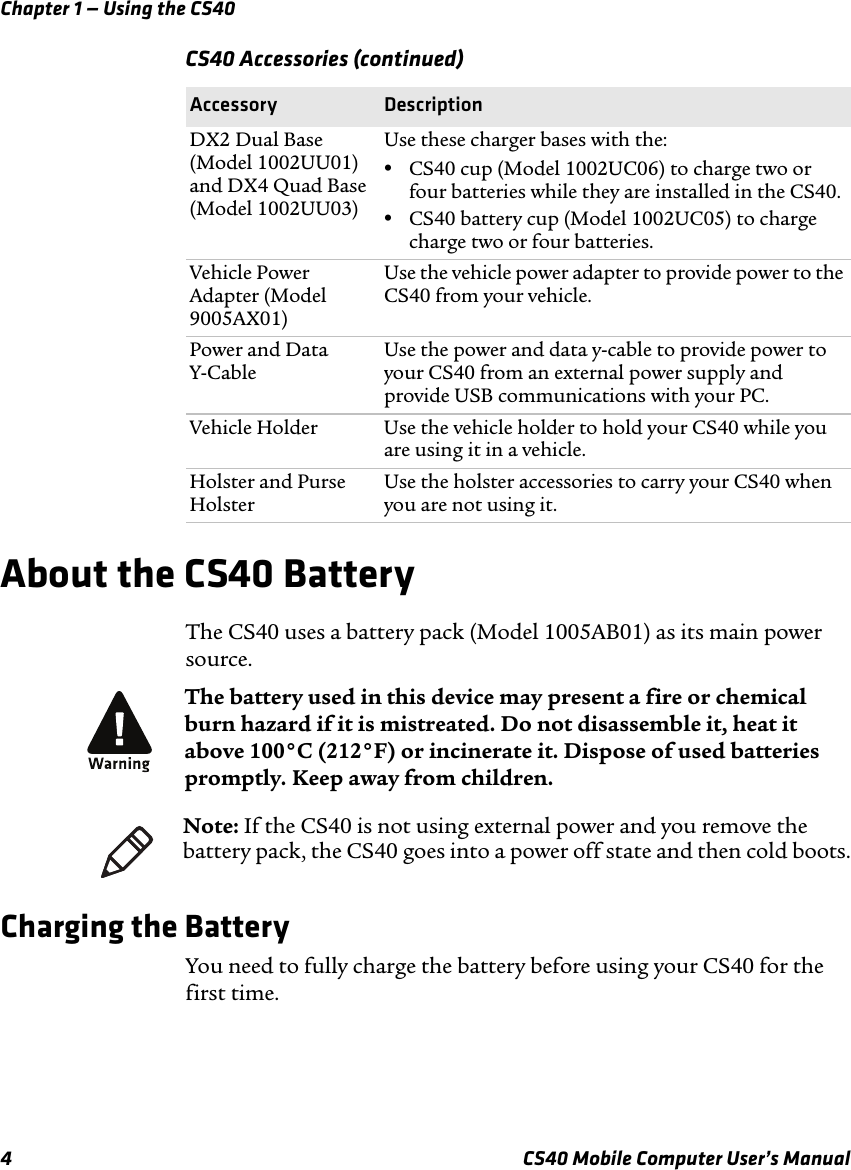 Chapter 1 — Using the CS404 CS40 Mobile Computer User’s ManualAbout the CS40 BatteryThe CS40 uses a battery pack (Model 1005AB01) as its main power source. Charging the BatteryYou need to fully charge the battery before using your CS40 for the first time.DX2 Dual Base (Model 1002UU01) and DX4 Quad Base (Model 1002UU03)Use these charger bases with the: •CS40 cup (Model 1002UC06) to charge two or four batteries while they are installed in the CS40.•CS40 battery cup (Model 1002UC05) to charge charge two or four batteries.Vehicle Power Adapter (Model 9005AX01)Use the vehicle power adapter to provide power to the CS40 from your vehicle.Power and Data Y-CableUse the power and data y-cable to provide power to your CS40 from an external power supply and provide USB communications with your PC.Vehicle Holder Use the vehicle holder to hold your CS40 while you are using it in a vehicle.Holster and Purse HolsterUse the holster accessories to carry your CS40 when you are not using it.CS40 Accessories (continued)Accessory DescriptionThe battery used in this device may present a fire or chemical burn hazard if it is mistreated. Do not disassemble it, heat it above 100°C (212°F) or incinerate it. Dispose of used batteries promptly. Keep away from children.Note: If the CS40 is not using external power and you remove the battery pack, the CS40 goes into a power off state and then cold boots.