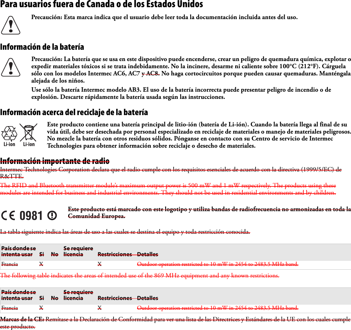 Para usuarios fuera de Canada o de los Estados UnidosInformación de la bateríaInformación acerca del reciclaje de la bateríaInformación importante de radioIntermec Technologies Corporation declara que el radio cumple con los requisitos esenciales de acuerdo con la directiva (1999/5/EC) de R&amp;TTE.The RFID and Bluetooth transmitter module’s maximum output power is 500 mW and 1 mW respectively. The products using these modules are intended for business and industrial environments. They should not be used in residential environments and by children.La tabla siguiente indica las áreas de uso a las cuales se destina el equipo y toda restricción conocida.The following table indicates the areas of intended use of the 869 MHz equipment and any known restrictions.Marcas de la CE: Remítase a la Declaración de Conformidad para ver una lista de las Directrices y Estándares de la UE con los cuales cumple este producto.Precaución: Esta marca indica que el usuario debe leer toda la documentación incluida antes del uso.Precaución: La batería que se usa en este dispositivo puede encenderse, crear un peligro de quemadura química, explotar o expedir materiales tóxicos si se trata indebidamente. No la incinere, desarme ni caliente sobre 100°C (212°F). Cárguela sólo con los modelos Intermec AC6, AC7 y AC8. No haga cortocircuitos porque pueden causar quemaduras. Manténgala alejada de los niños.Use sólo la batería Intermec modelo AB3. El uso de la batería incorrecta puede presentar peligro de incendio o de explosión. Descarte rápidamente la batería usada según las instrucciones.Li-ionLi-ionEste producto contiene una batería principal de litio-ión (batería de Li-ión). Cuando la batería llega al final de su vida útil, debe ser desechada por personal especializado en reciclaje de materiales o manejo de materiales peligrosos. No mezcle la batería con otros residuos sólidos. Pónganse en contacto con su Centro de servicio de Intermec Technologies para obtener información sobre reciclaje o desecho de materiales.0981Este producto está marcado con este logotipo y utiliza bandas de radiofrecuencia no armonizadas en toda la Comunidad Europea.País donde se intenta usar Si NoSe requiere licencia Restricciones DetallesFrancia X X Outdoor operation restricted to 10 mW in 2454 to 2483.5 MHz band.País donde se intenta usar Si NoSe requiere licencia Restricciones DetallesFrancia X X Outdoor operation restricted to 10 mW in 2454 to 2483.5 MHz band.