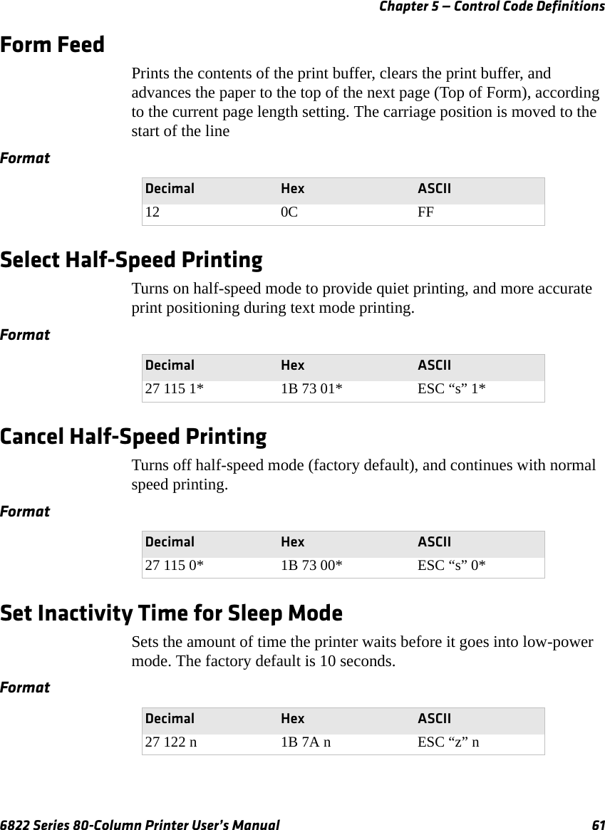 Chapter 5 — Control Code Definitions6822 Series 80-Column Printer User’s Manual 61Form FeedPrints the contents of the print buffer, clears the print buffer, and advances the paper to the top of the next page (Top of Form), according to the current page length setting. The carriage position is moved to the start of the lineSelect Half-Speed PrintingTurns on half-speed mode to provide quiet printing, and more accurate print positioning during text mode printing.Cancel Half-Speed PrintingTurns off half-speed mode (factory default), and continues with normal speed printing.Set Inactivity Time for Sleep ModeSets the amount of time the printer waits before it goes into low-power mode. The factory default is 10 seconds.FormatDecimal Hex ASCII12 0C FFFormatDecimal Hex ASCII27 115 1* 1B 73 01* ESC “s” 1*FormatDecimal Hex ASCII27 115 0* 1B 73 00* ESC “s” 0*FormatDecimal Hex ASCII27 122 n 1B 7A n ESC “z” n