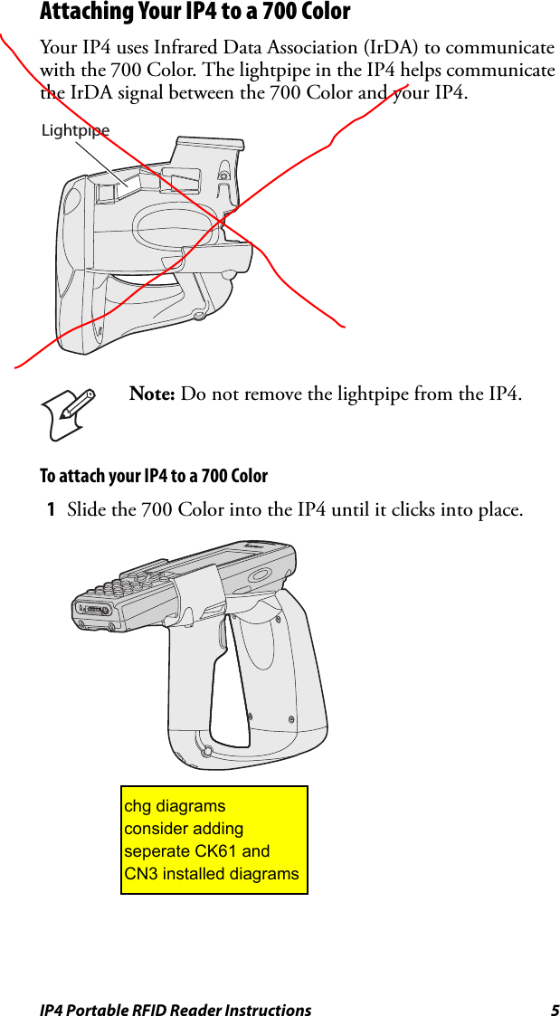 IP4 Portable RFID Reader Instructions 5Attaching Your IP4 to a 700 ColorYour IP4 uses Infrared Data Association (IrDA) to communicate with the 700 Color. The lightpipe in the IP4 helps communicate the IrDA signal between the 700 Color and your IP4.To attach your IP4 to a 700 Color1Slide the 700 Color into the IP4 until it clicks into place.Note: Do not remove the lightpipe from the IP4.Lightpipechg diagramsconsider addingseperate CK61 and CN3 installed diagrams