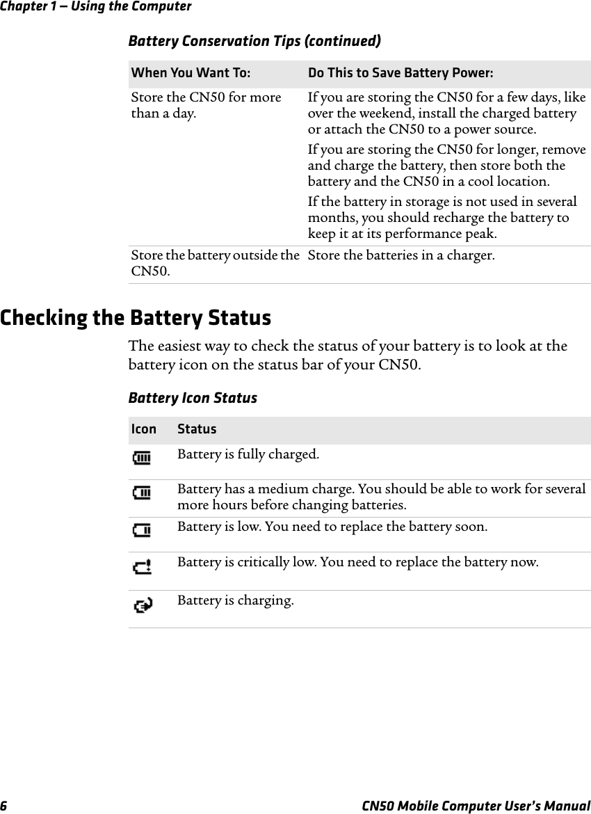Chapter 1 — Using the Computer6 CN50 Mobile Computer User’s ManualChecking the Battery StatusThe easiest way to check the status of your battery is to look at the battery icon on the status bar of your CN50. Store the CN50 for more than a day.If you are storing the CN50 for a few days, like over the weekend, install the charged battery or attach the CN50 to a power source.If you are storing the CN50 for longer, remove and charge the battery, then store both the battery and the CN50 in a cool location.If the battery in storage is not used in several months, you should recharge the battery to keep it at its performance peak.Store the battery outside the CN50.Store the batteries in a charger.Battery Conservation Tips (continued)When You Want To: Do This to Save Battery Power:Battery Icon StatusIcon StatusBattery is fully charged.Battery has a medium charge. You should be able to work for several more hours before changing batteries.Battery is low. You need to replace the battery soon.Battery is critically low. You need to replace the battery now.Battery is charging.