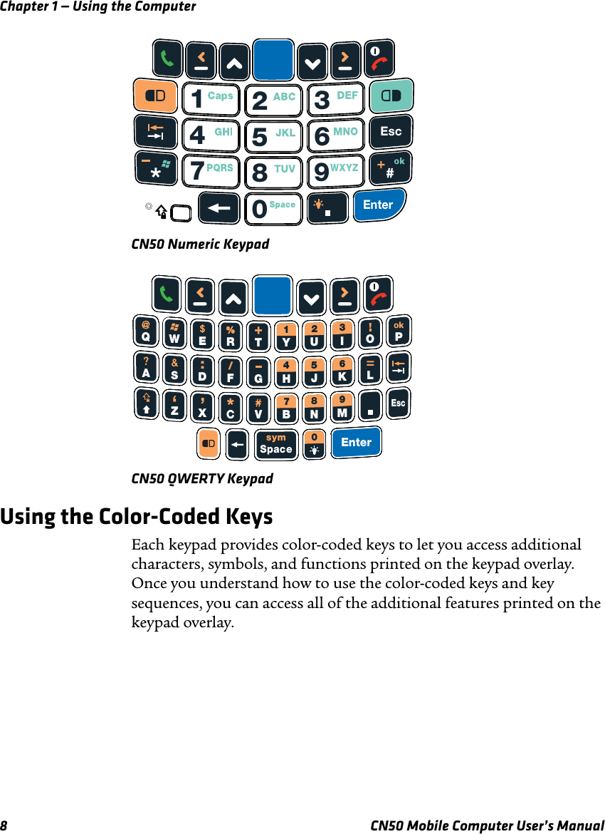 Chapter 1 — Using the Computer8 CN50 Mobile Computer User’s ManualCN50 Numeric KeypadCN50 QWERTY KeypadUsing the Color-Coded KeysEach keypad provides color-coded keys to let you access additional characters, symbols, and functions printed on the keypad overlay. Once you understand how to use the color-coded keys and key sequences, you can access all of the additional features printed on the keypad overlay. EscEnter4172580369EnterSpaceCXZV B NMFDSAG H JKLREWQTYIOPU1234567809Esc‘:/sym%+’*&amp;