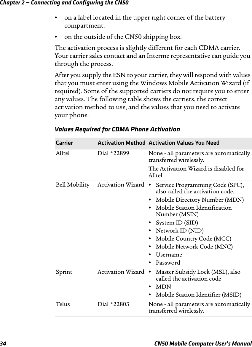 Chapter 2 — Connecting and Configuring the CN5034 CN50 Mobile Computer User’s Manual•on a label located in the upper right corner of the battery compartment. •on the outside of the CN50 shipping box. The activation process is slightly different for each CDMA carrier. Your carrier sales contact and an Interme representative can guide you through the process. After you supply the ESN to your carrier, they will respond with values that you must enter using the Windows Mobile Activation Wizard (if required). Some of the supported carriers do not require you to enter any values. The following table shows the carriers, the correct activation method to use, and the values that you need to activate your phone.Values Required for CDMA Phone ActivationCarrier Activation Method Activation Values You NeedAlltel Dial *22899 None - all parameters are automatically transferred wirelessly.The Activation Wizard is disabled for Alltel.Bell Mobility Activation Wizard •Service Programming Code (SPC), also called the activation code.•Mobile Directory Number (MDN)•Mobile Station Identification Number (MSIN)•System ID (SID)•Network ID (NID)•Mobile Country Code (MCC)•Mobile Network Code (MNC)•Username•PasswordSprint Activation Wizard •Master Subsidy Lock (MSL), also called the activation code•MDN•Mobile Station Identifier (MSID)Telus Dial *22803 None - all parameters are automatically transferred wirelessly.