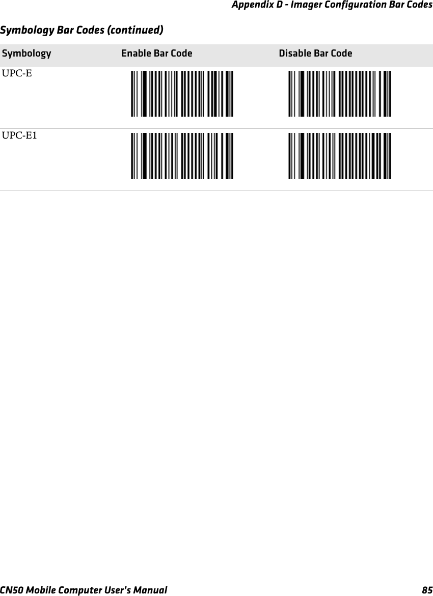 Appendix D - Imager Configuration Bar CodesCN50 Mobile Computer User’s Manual 85UPC-EUPC-E1Symbology Bar Codes (continued)Symbology Enable Bar Code Disable Bar Code