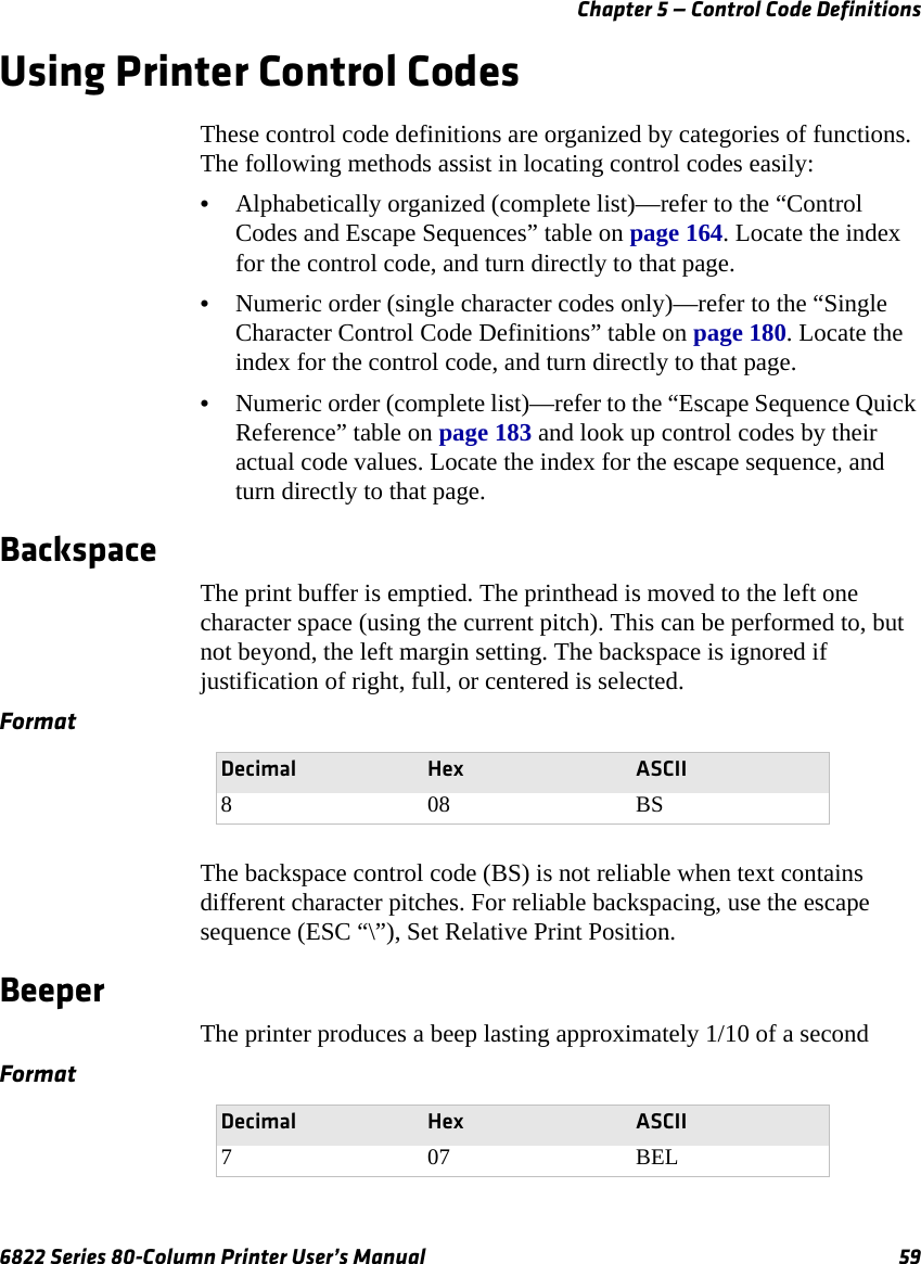 Chapter 5 — Control Code Definitions6822 Series 80-Column Printer User’s Manual 59Using Printer Control CodesThese control code definitions are organized by categories of functions. The following methods assist in locating control codes easily:•Alphabetically organized (complete list)—refer to the “Control Codes and Escape Sequences” table on page 164. Locate the index for the control code, and turn directly to that page.•Numeric order (single character codes only)—refer to the “Single Character Control Code Definitions” table on page 180. Locate the index for the control code, and turn directly to that page.•Numeric order (complete list)—refer to the “Escape Sequence Quick Reference” table on page 183 and look up control codes by their actual code values. Locate the index for the escape sequence, and turn directly to that page.BackspaceThe print buffer is emptied. The printhead is moved to the left one character space (using the current pitch). This can be performed to, but not beyond, the left margin setting. The backspace is ignored if justification of right, full, or centered is selected.The backspace control code (BS) is not reliable when text contains different character pitches. For reliable backspacing, use the escape sequence (ESC “\”), Set Relative Print Position.BeeperThe printer produces a beep lasting approximately 1/10 of a secondFormatDecimal Hex ASCII808BSFormatDecimal Hex ASCII707BEL