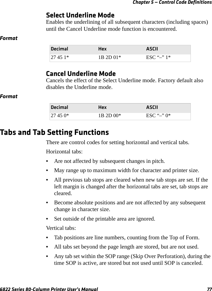 Chapter 5 — Control Code Definitions6822 Series 80-Column Printer User’s Manual 77Select Underline ModeEnables the underlining of all subsequent characters (including spaces) until the Cancel Underline mode function is encountered.Cancel Underline ModeCancels the effect of the Select Underline mode. Factory default also disables the Underline mode.Tabs and Tab Setting FunctionsThere are control codes for setting horizontal and vertical tabs.Horizontal tabs: •Are not affected by subsequent changes in pitch.•May range up to maximum width for character and printer size.•All previous tab stops are cleared when new tab stops are set. If the left margin is changed after the horizontal tabs are set, tab stops are cleared.•Become absolute positions and are not affected by any subsequent change in character size.•Set outside of the printable area are ignored.Vertical tabs: •Tab positions are line numbers, counting from the Top of Form.•All tabs set beyond the page length are stored, but are not used.•Any tab set within the SOP range (Skip Over Perforation), during the time SOP is active, are stored but not used until SOP is canceled.FormatDecimal Hex ASCII27 45 1* 1B 2D 01* ESC “–” 1*FormatDecimal Hex ASCII27 45 0* 1B 2D 00* ESC “–” 0*